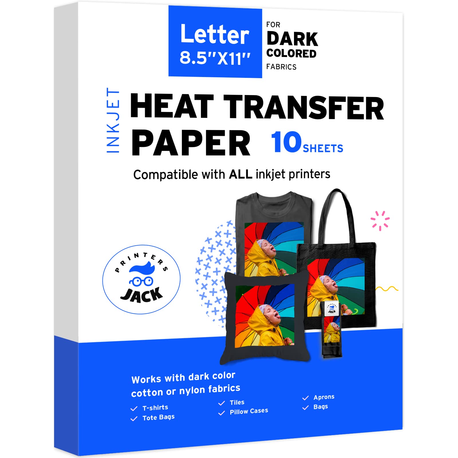 Printers Jack Iron-On Heat Transfer Paper for Dark Fabric 10 Pack 8.5x11.7  T-Shirt Transfer Paper for Inkjet Printer Wash Durable Long Lasting  Transfer No Cracking 10 sheets 8.5x11