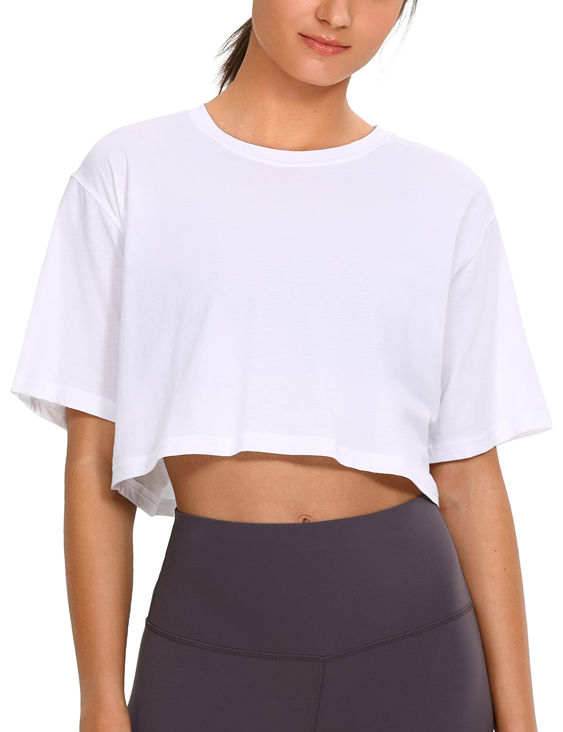 CRZ YOGA Women's Pima Cotton Workout Crop Tops Short Sleeve Yoga Shirts  Casual Athletic Running T-Shirts Medium White