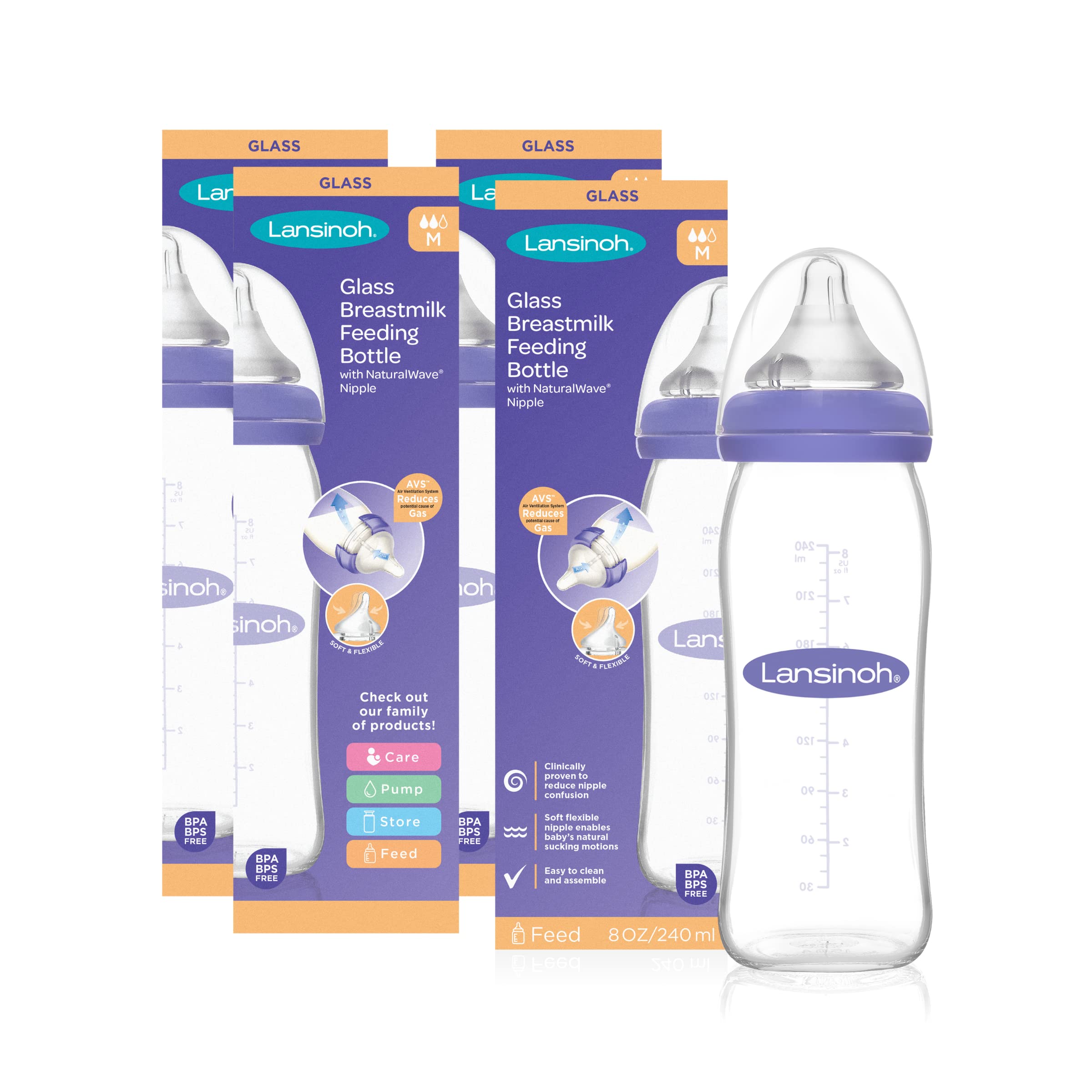 Lansinoh Glass Baby Bottles for Breastfeeding Babies Includes 4