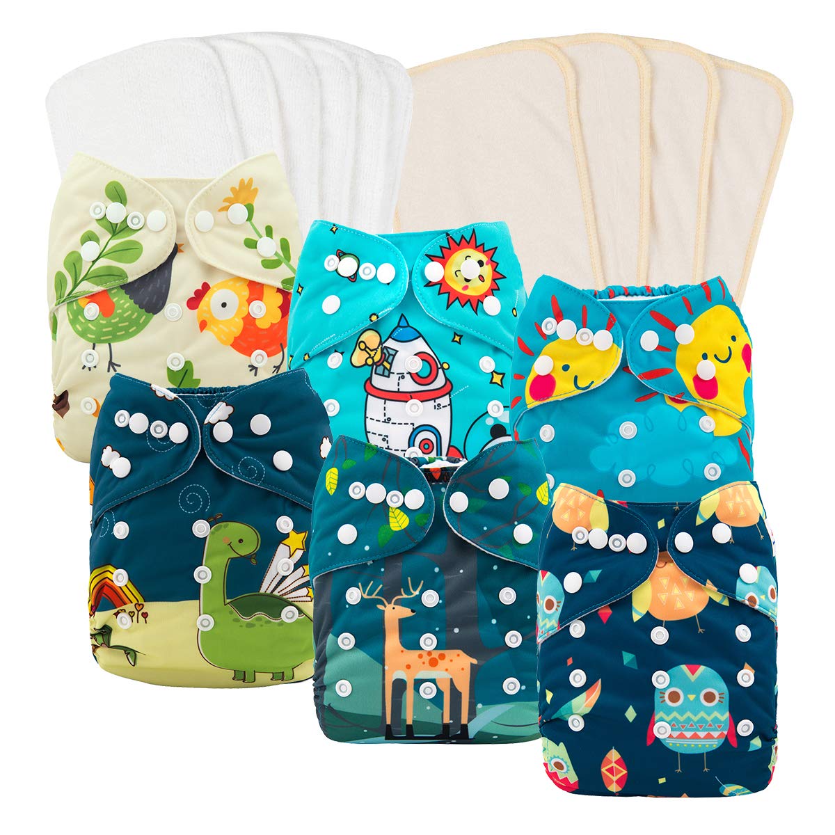 babygoal Reusable Cloth Diapers for Baby Boys, One Size Adjustable Washable  Pocket Nappy Covers 6 Pack+ 6pcs Microfiber Inserts+4pcs Bamboo Inserts  6FB15 Chick,deer,dinasaur