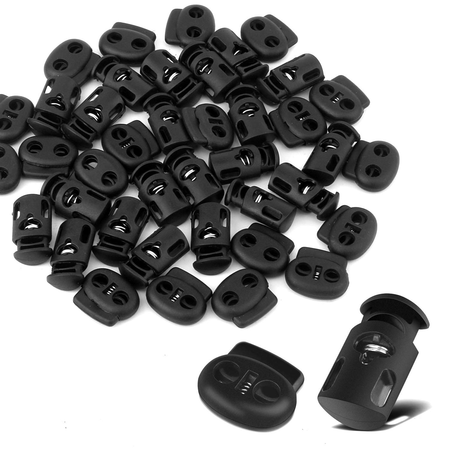 ERKOON 40 Pieces Plastic Cord Locks End Spring Stopper Fastener Slider End  Spring Stop Toggle for Draw String Bags (20 Pieces Double-Hole 20 Pieces  Single-Hole Black)