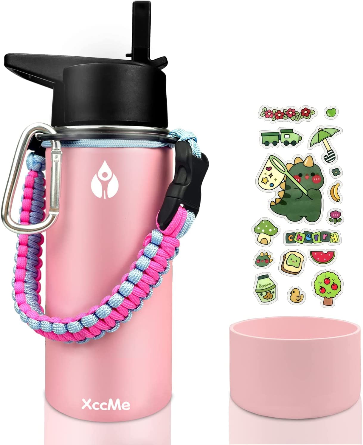 XccMe Kids Stainless Steel Water Bottle 16oz Kids water bottle for School  Insulated Kids Thermos with Straw Lid Silicone Boot 16 Personalize Dinosaur  Stickers and Paracord Handle(Pink)