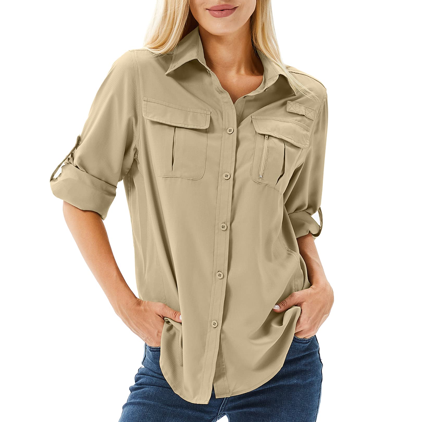 Toumett Women's UPF 50 Long Sleeve UV Sun Protection Safari Shirts Outdoor  Quick Dry Fishing Hiking Travel Shirts Medium Khaki