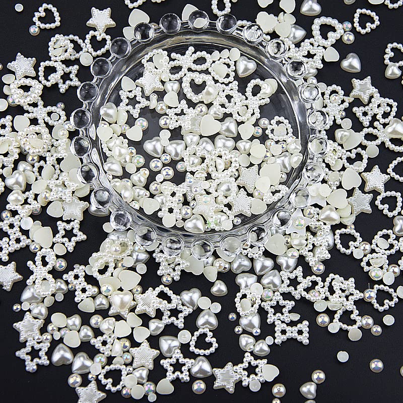 500Pcs Creamy White Pearls 3D Nail Charms Multi Shapes Heart Star