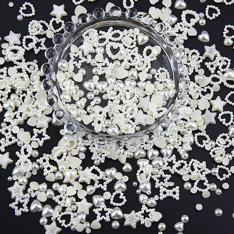 500Pcs Creamy White Pearls 3D Nail Charms Multi Shapes Heart Star Bowknot  Round Pearls Nail Beads Acrylic Hollow Heart Star Pearls Nail Art Charms  for Manicure DIY Crafts Jewelry Accessories S2-creamy