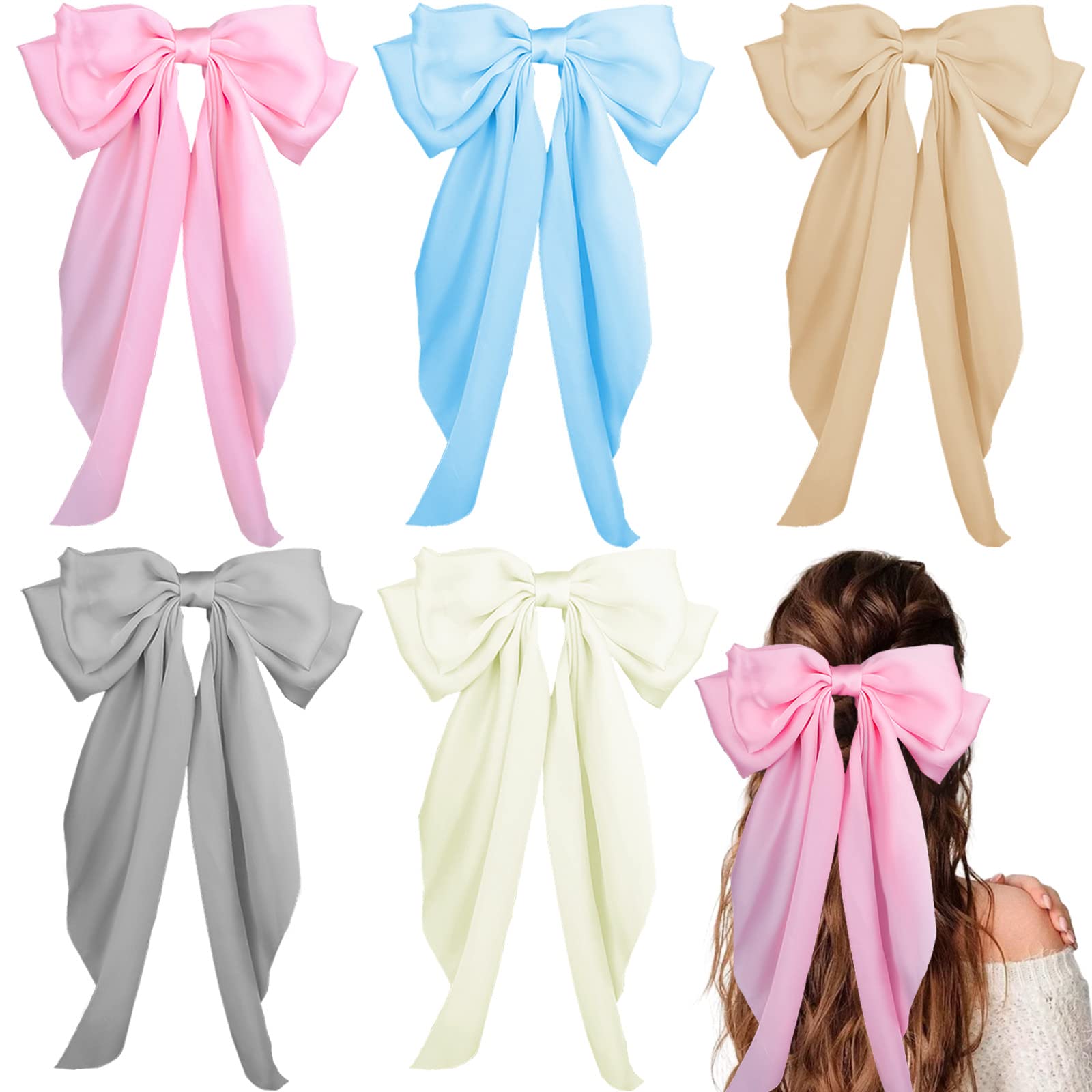 Large Silky Hair Bows Women Girls Ribbon Long Hair Barrettes