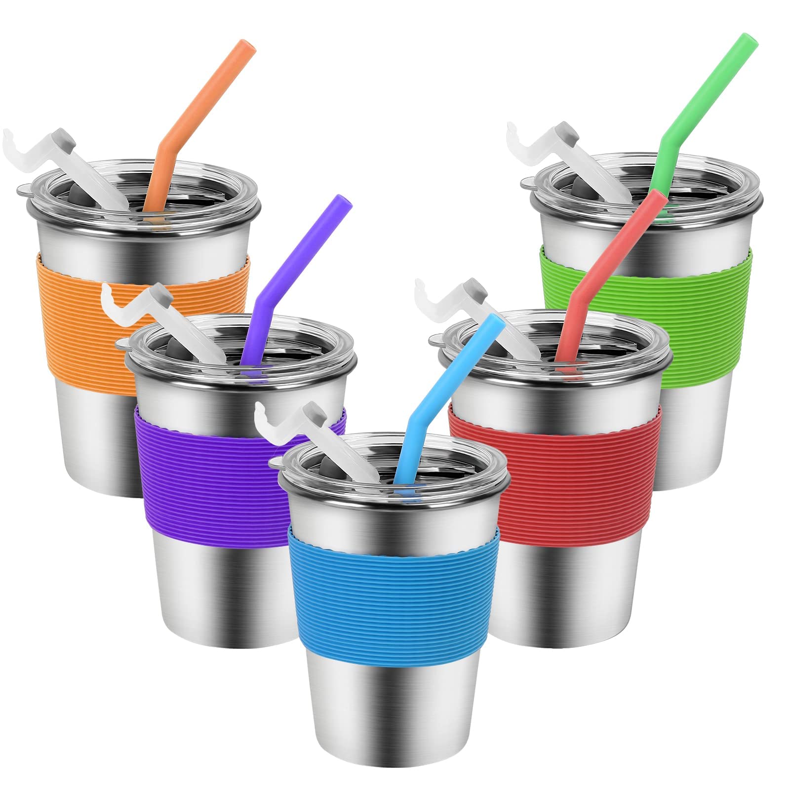 5Pack Kids Cups with Straws and Lids Spill Proof, 12oz Toddler Straw Cups  with Colorful Silicone Sleeves, Unbreakable Stainless Steel Water Tumblers