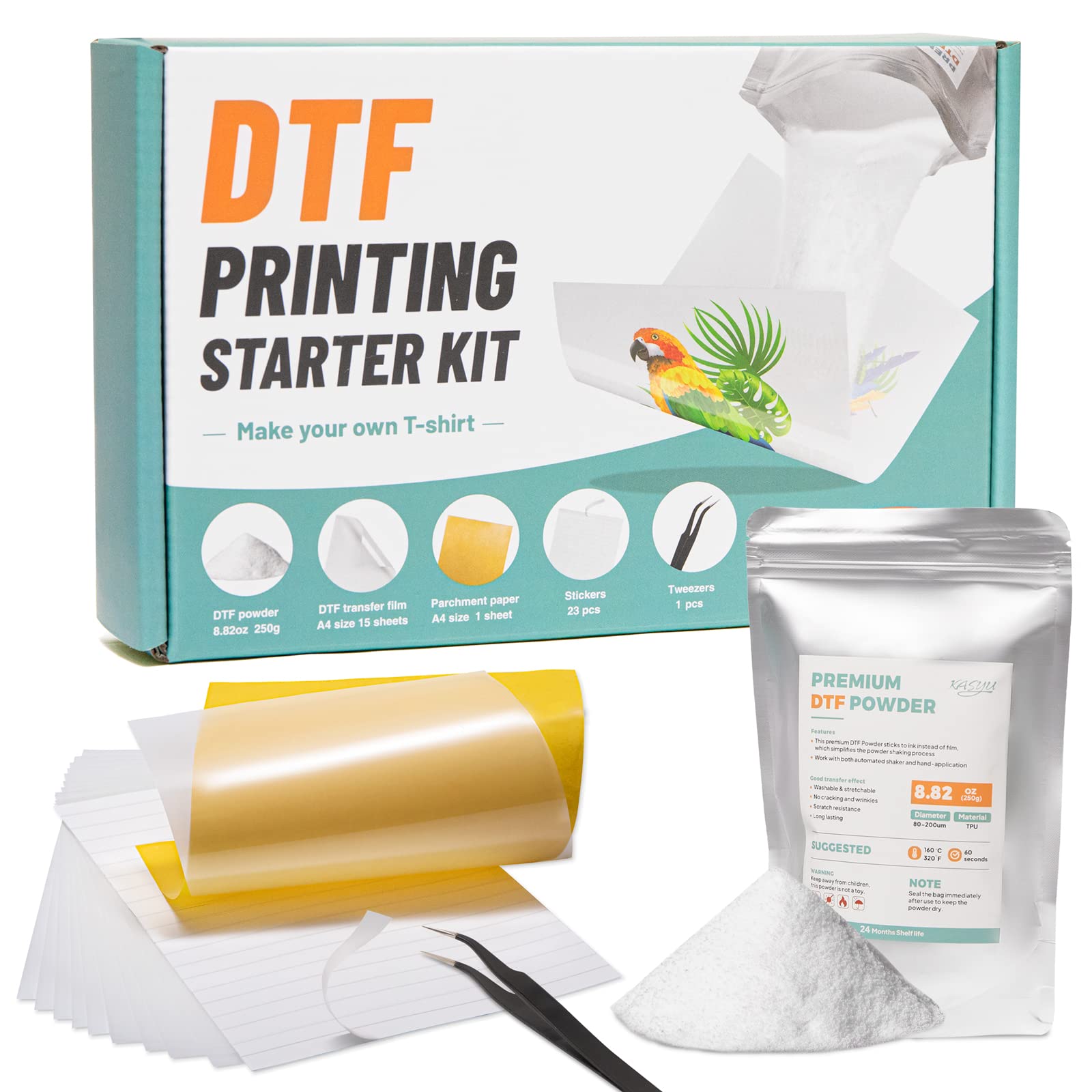 KASYU DTF Transfer Powder Film Kit for DTF Sublimation Printer All-in-1 DTF Starter  Kit- 8.8oz White Digital Hot Melt Adhesive&15 Direct to Film Pretreat  Iron-on Transfer Paper Fabric DTF Starter Kit DTF