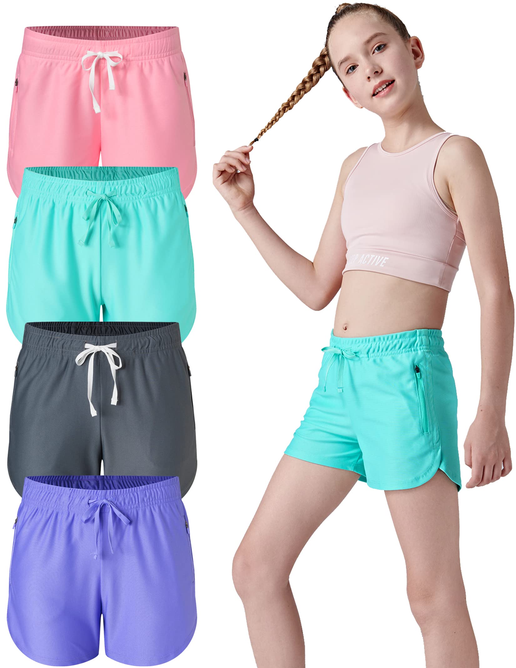 4 Pack Youth Girls Athletic Shorts 3 Girls Soccer Shorts Kids Workout Gym  Clothes Activewear Apparel with Zipper Pockets Set 1 Large