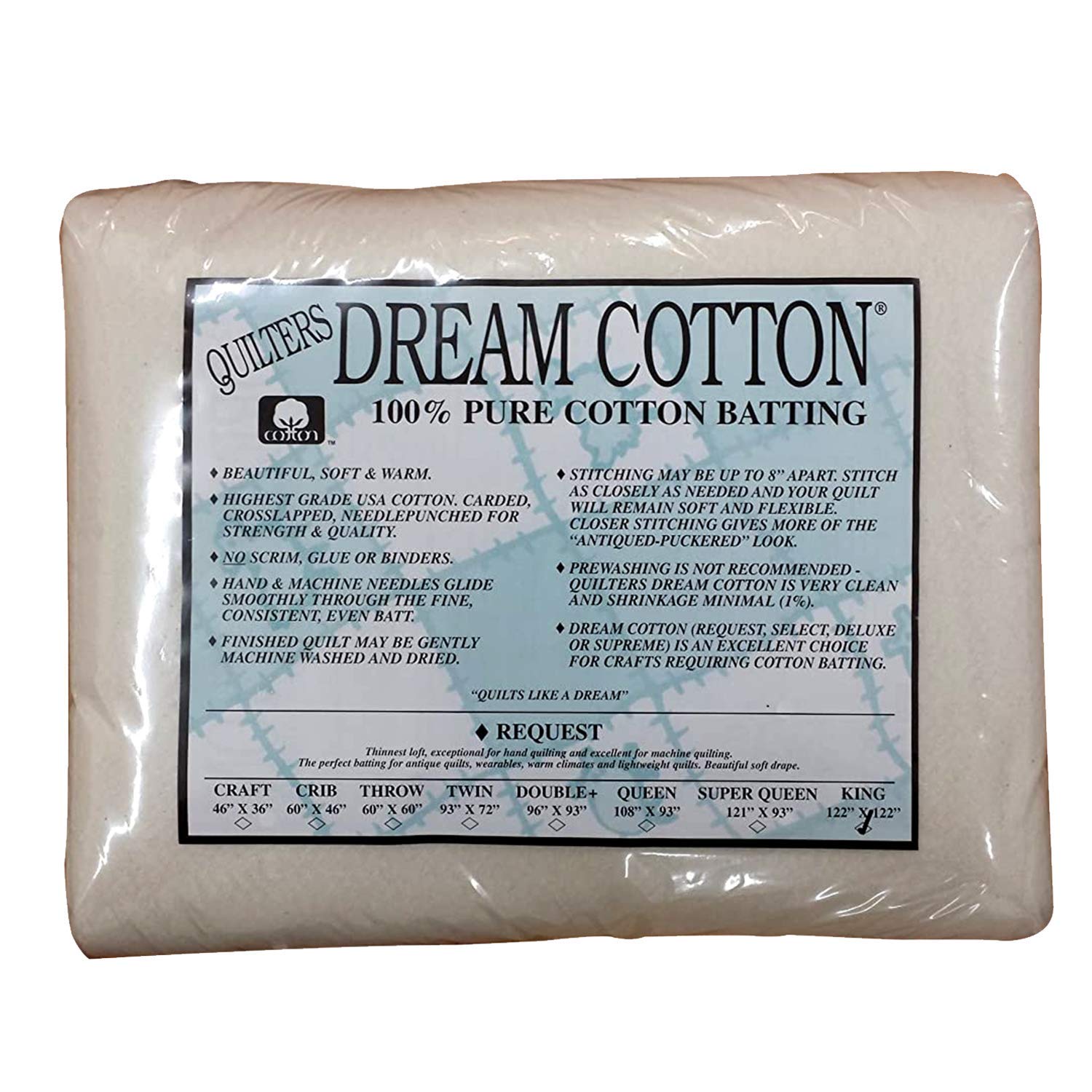 Quilters Dream 100% Cotton Batting - King Size Quilt Batting for