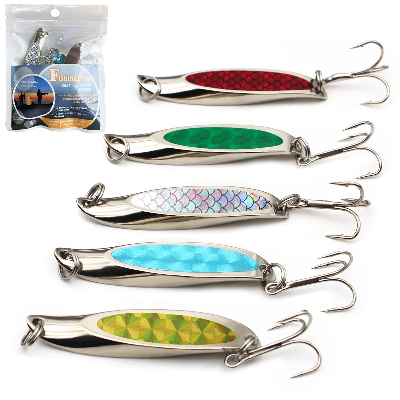 FishingPepo Fishing Spoons Lure, Trout Lures, Bass Lures, Spinning Lures, Fishing Spoons Hard Fishing Lures Treble
