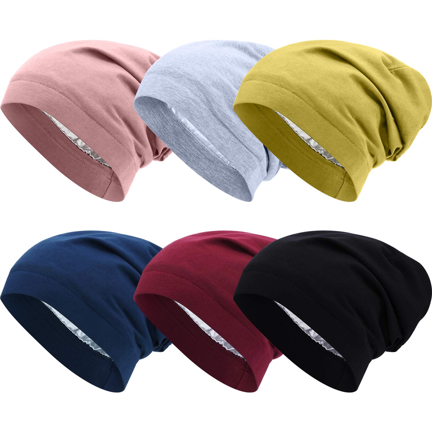 SATINIOR 6 Pieces Satin Lined Sleep Cap Slouchy Skull Beanie Hat Night Hair  Cap Headwear Head Wrap for Curly Hair Women Girl