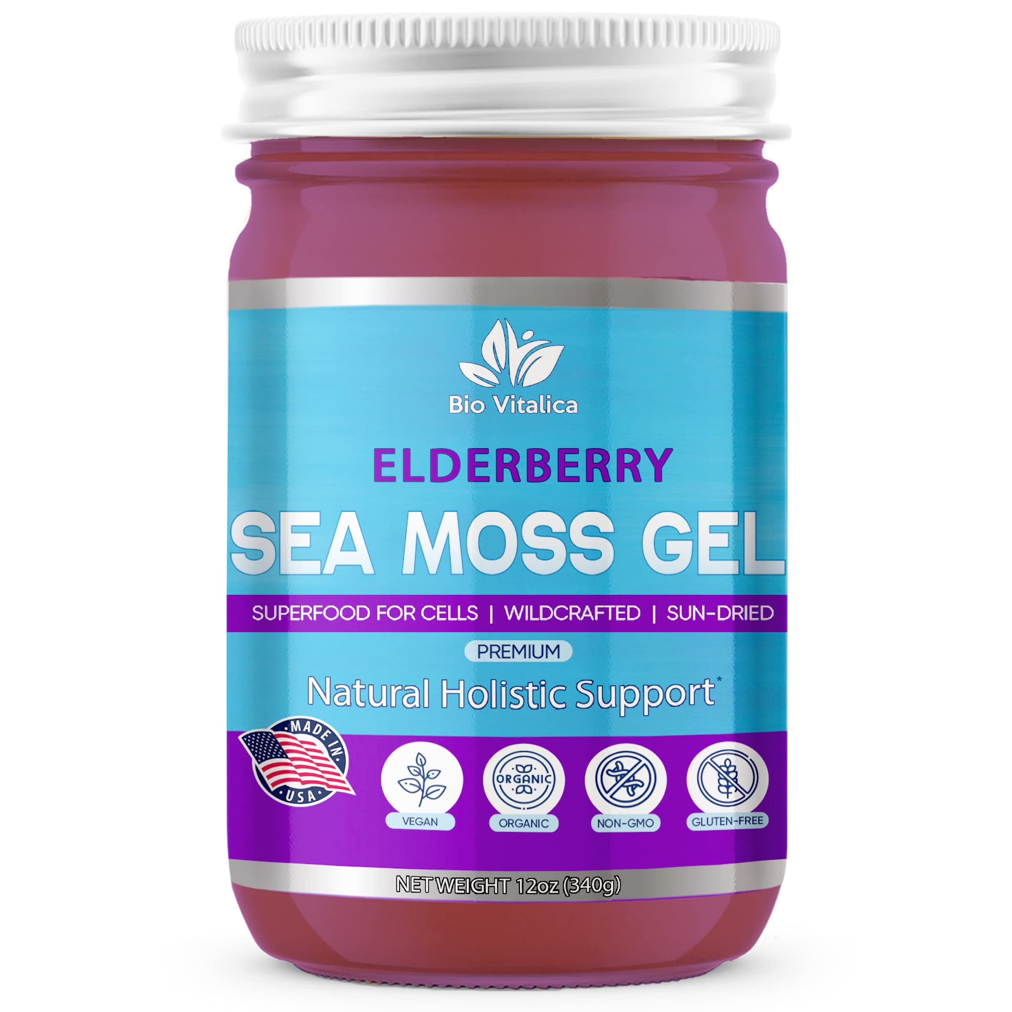 Sea Moss Gel by BioVItalica - Irish sea Moss raw Organic - Premium Quality  - Dr Sebi, Vegan superfood for Cells - 100% Natural seamoss Gel  (Elderberry, 1 Pack) Elderberry 12 Fl Oz (Pack of 1)
