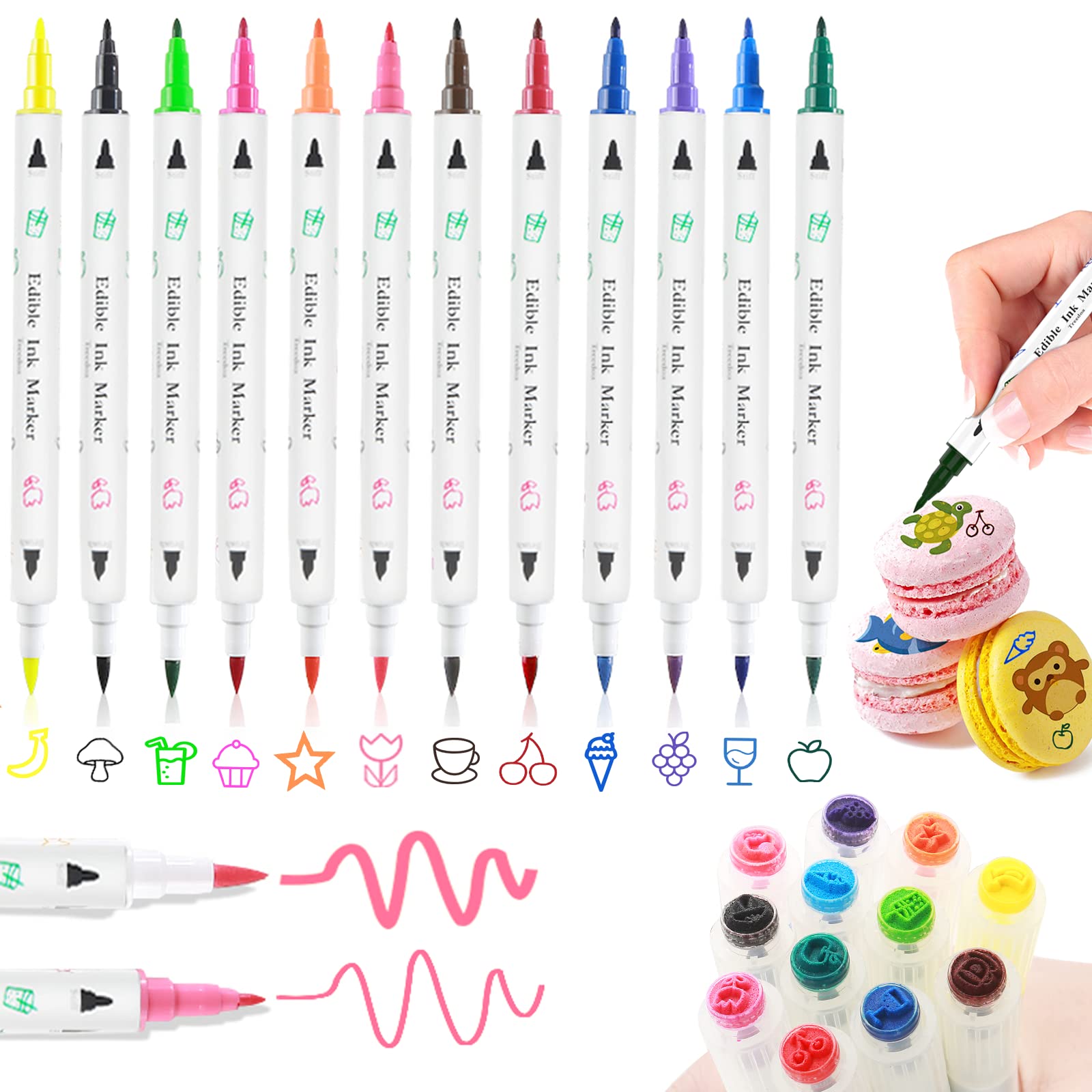 Edible Markers Food Coloring Pens 12 Colors,Upgrade Double Sided Food Grade  Edible Pens,Gourmet Writer Food Coloring Markers for  Cookies,Fondant,Dessert,Frosting,Macaron,Easter Eggs Decorating,Baking