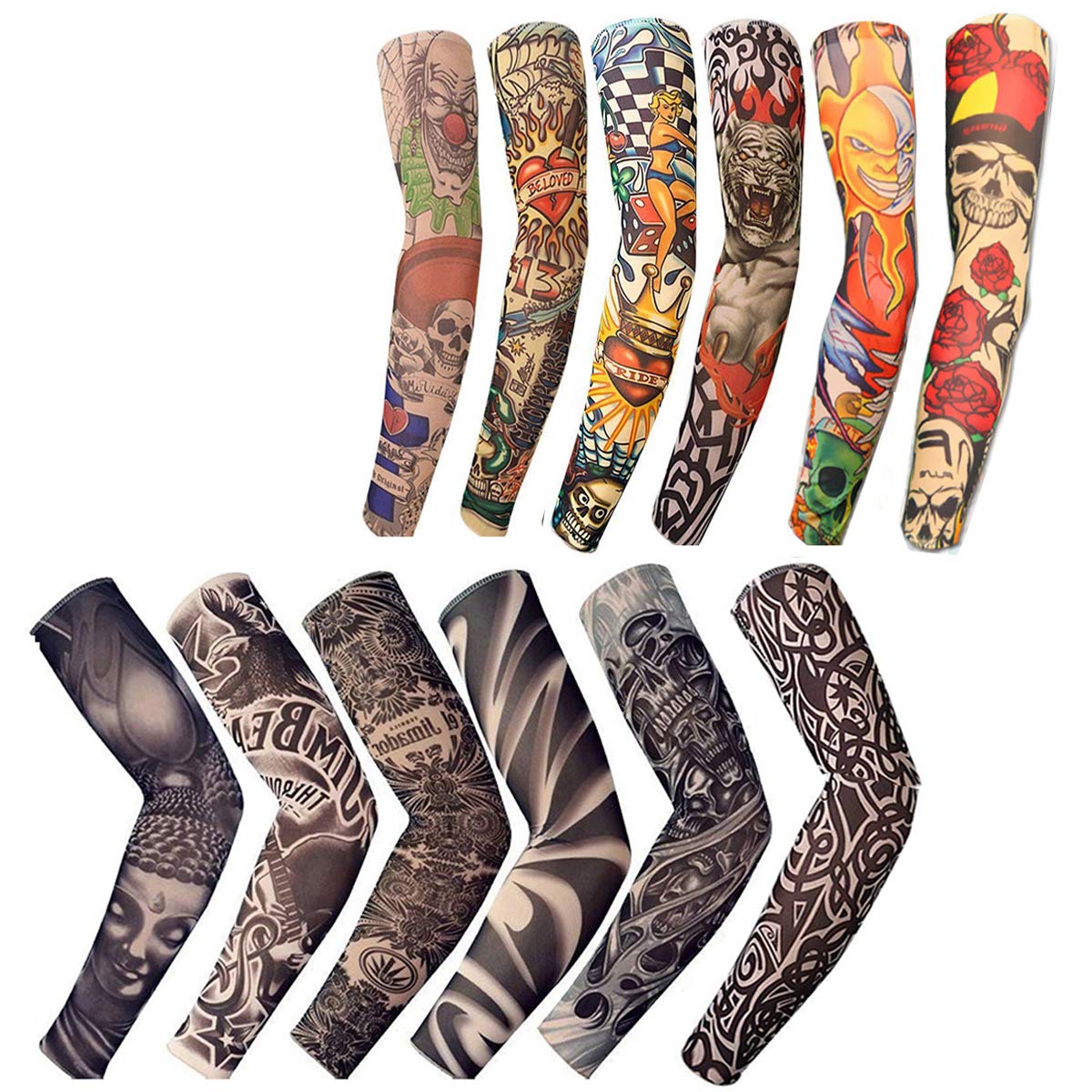 12 PCS Temporary Tattoo Sleeves for Men Women Seamless,Arts Arm Sunscreen  Fake Piercings Tattoos Cover Up Sleeves,Designs Tiger, Crown Heart, Skull,  Tribal,Etc Unisex Stretchable Cosplay Accessories