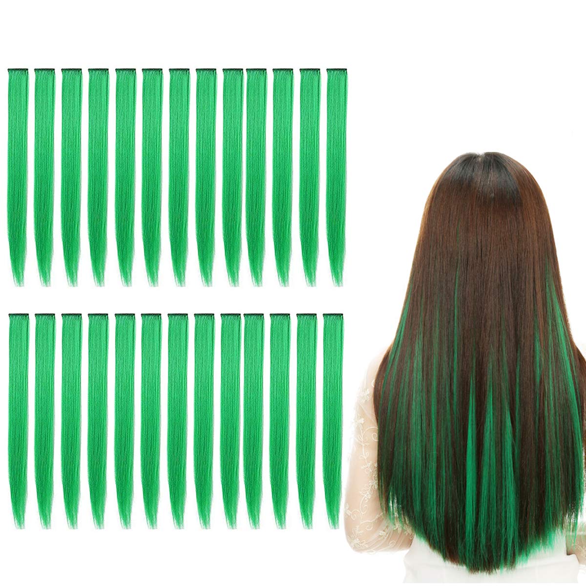 24pcs Green Hair Extensions 20 inch Halloween Party Highlights Clip in Hair  Extensions for Girls Heat-