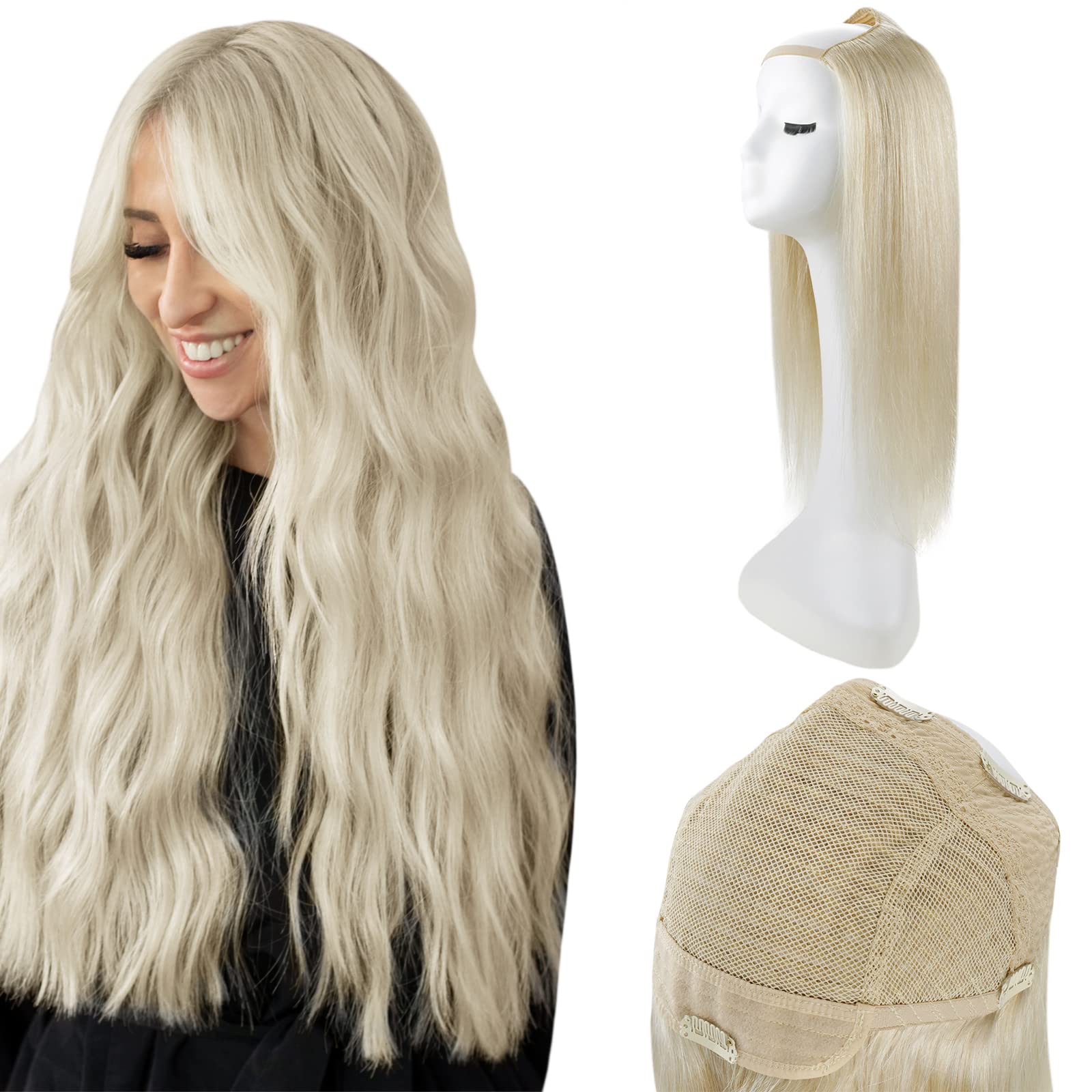 Full Shine Human Hair Wigs 22 Inch Color 60 White Blonde Clip In Wigs 150  Grams Real Hair Half Wigs Human Hair One Piece Hair Extension Glueless U  Part Wig U Shape