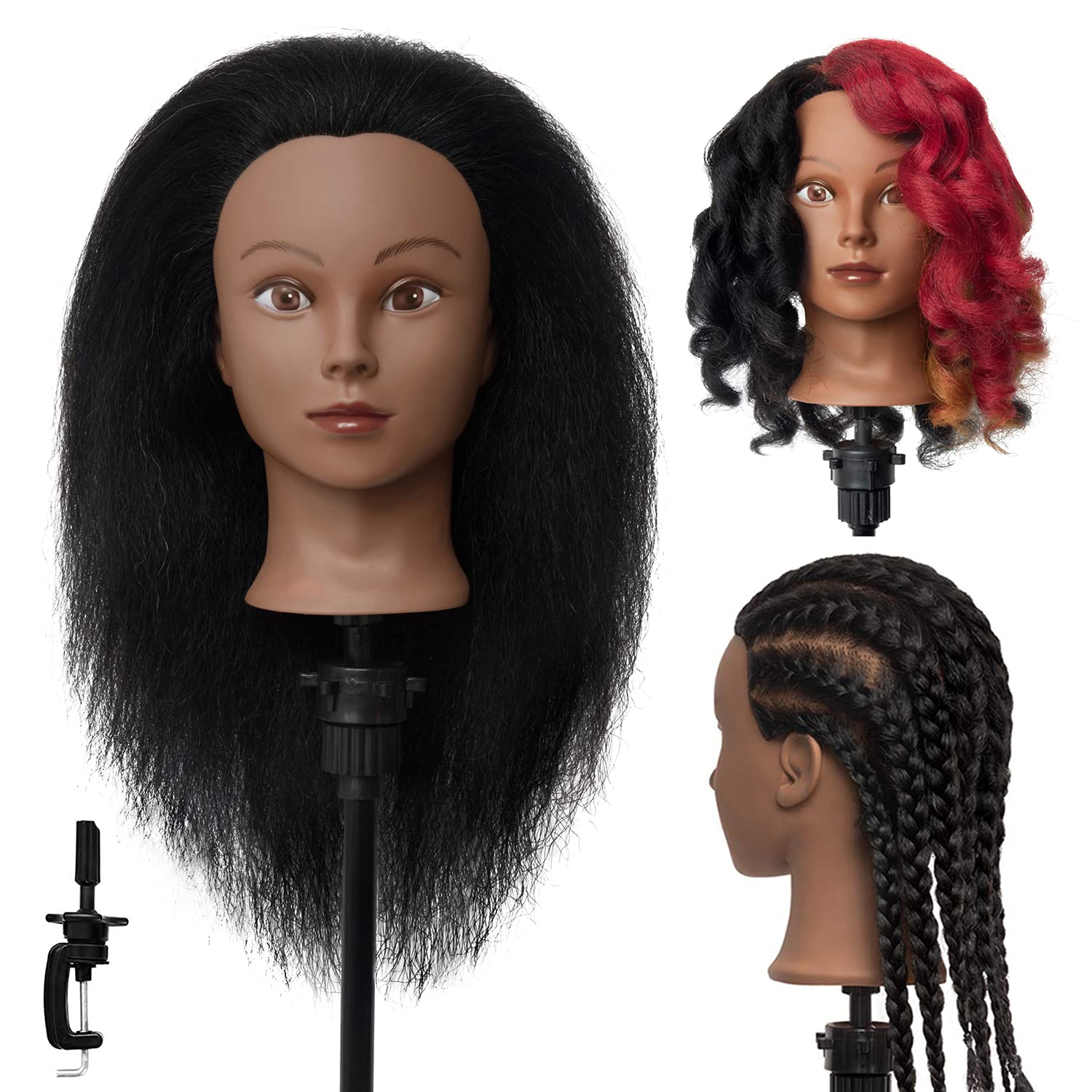 20-22 100% Human Hair Mannequin Head Training Head Cosmetology Manikin  Head Doll Head with Free Clamp (Black)