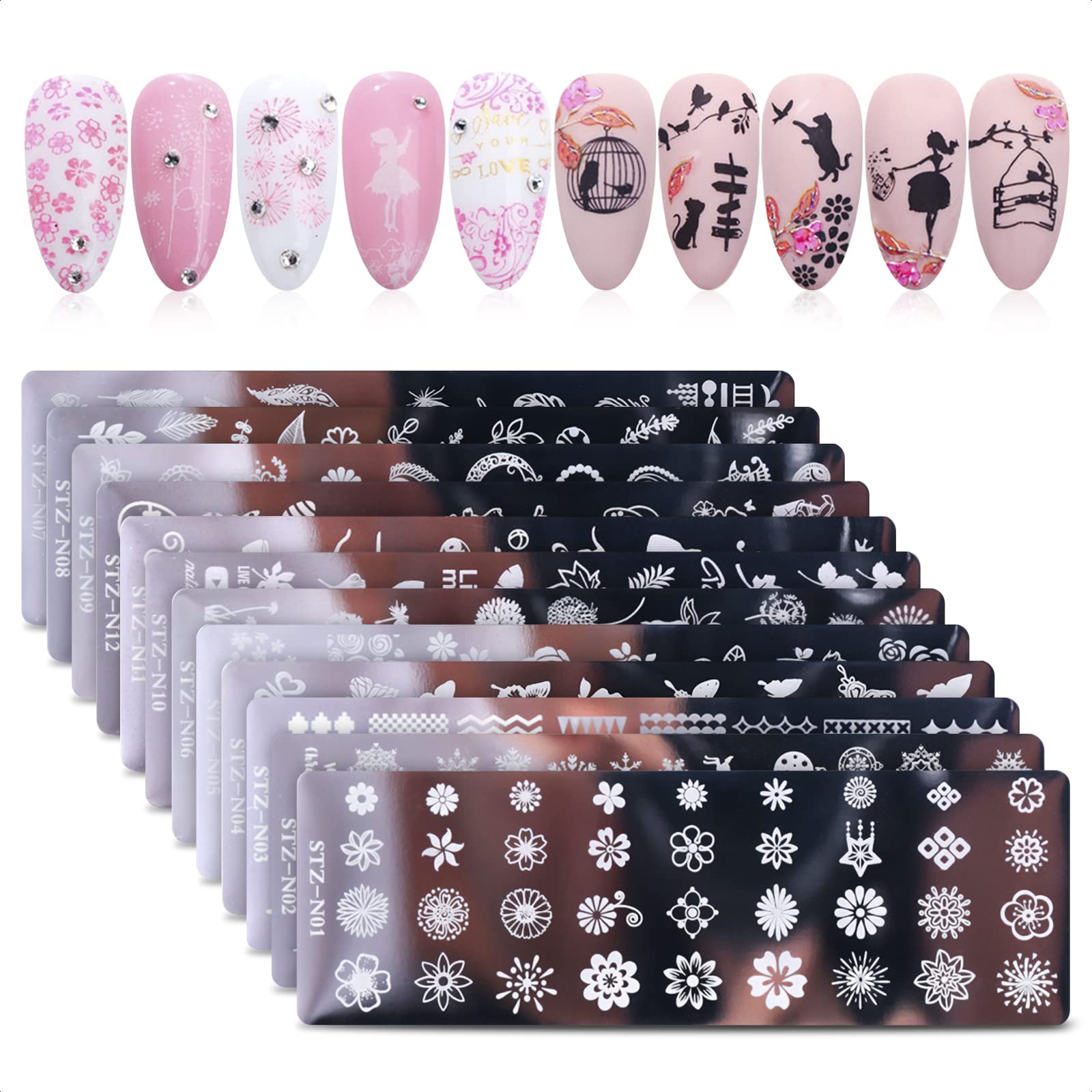 Gel Polish Design Nail Art Stamper - 12Pcs Stamp for Nails Plate Set Stamp  Tool for Nails Flower Beauty Butterfly Stamp Nail Art Kit - Nail Stamper  Animal Print Plates Gift Box