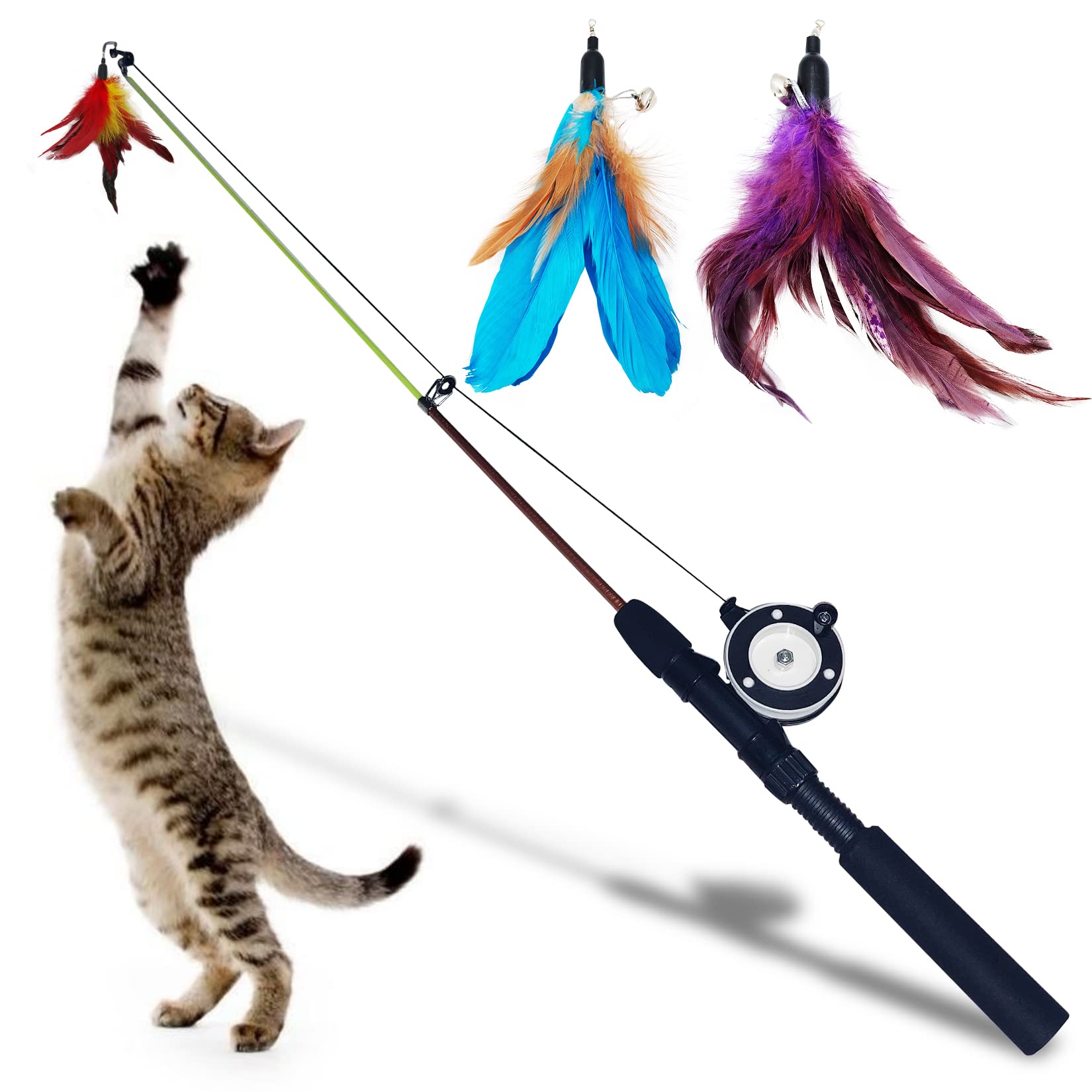 4 PCS Interactive cat Toys Fishing Rod with 10 feet Rope Feather Toy Cat Toy  Chaser