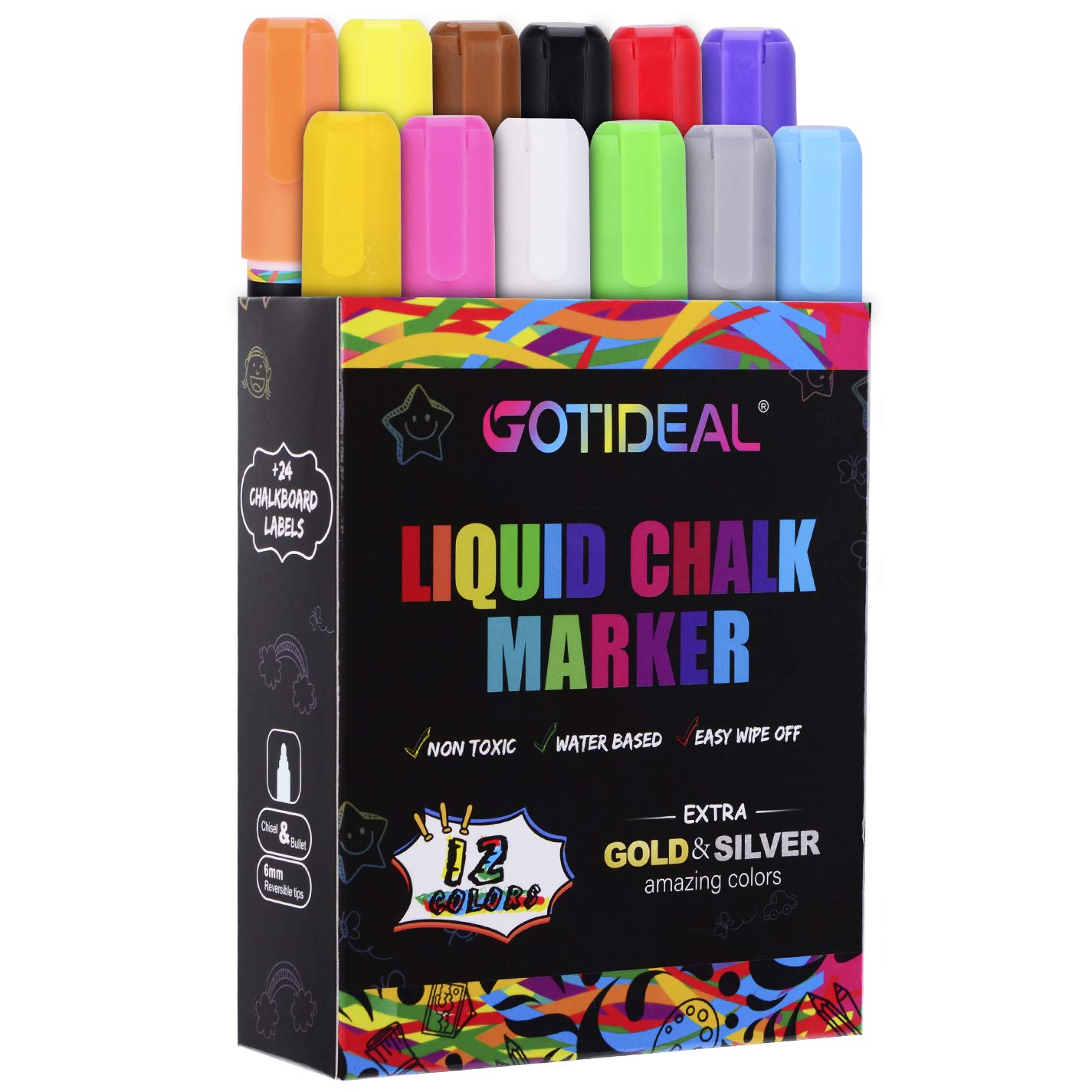 GOTIDEAL Liquid Chalk Markers 12 Colors Premium Window Chalkboard