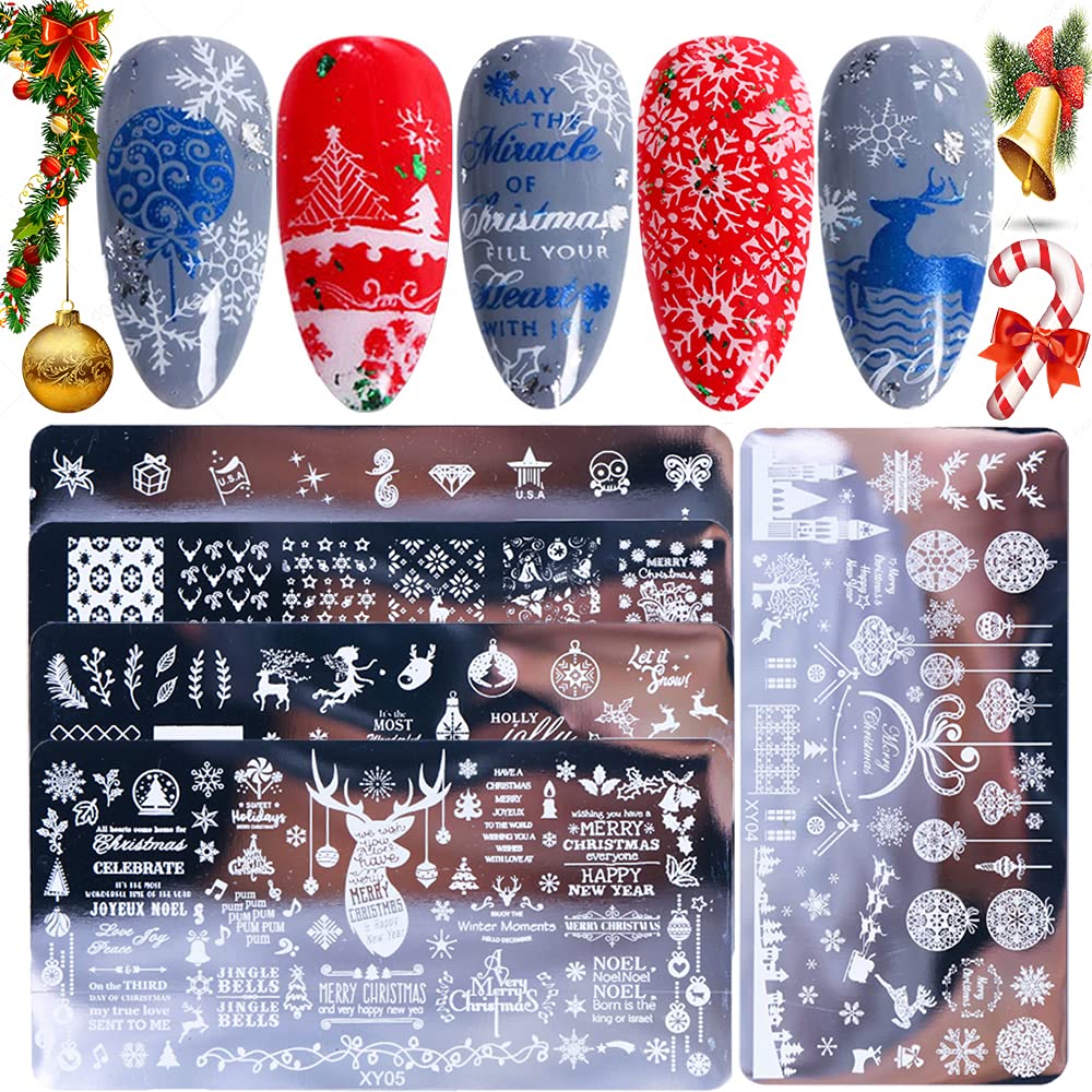 Christmas Nail Stamping Plates, 5Pcs Christmas Nail Stamper Kit Snowflakes  Xmas Tree Bell Snowman Elk Nail