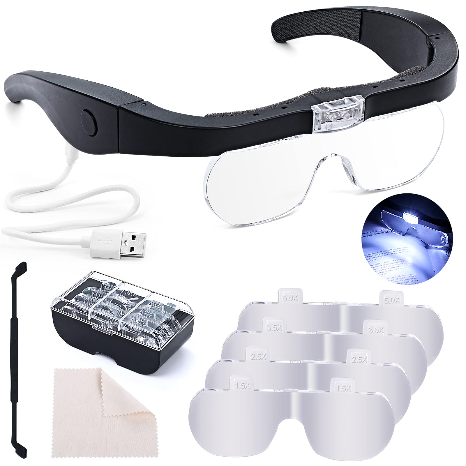 Head Magnifying Glass with Light Rechargeable Headband Magnifier for Close  Work Interchangeable Lenses 1.5X 2.5X 3.5X 5X for Jeweler Loupe, Arts and  Crafts, Hobby (Black)