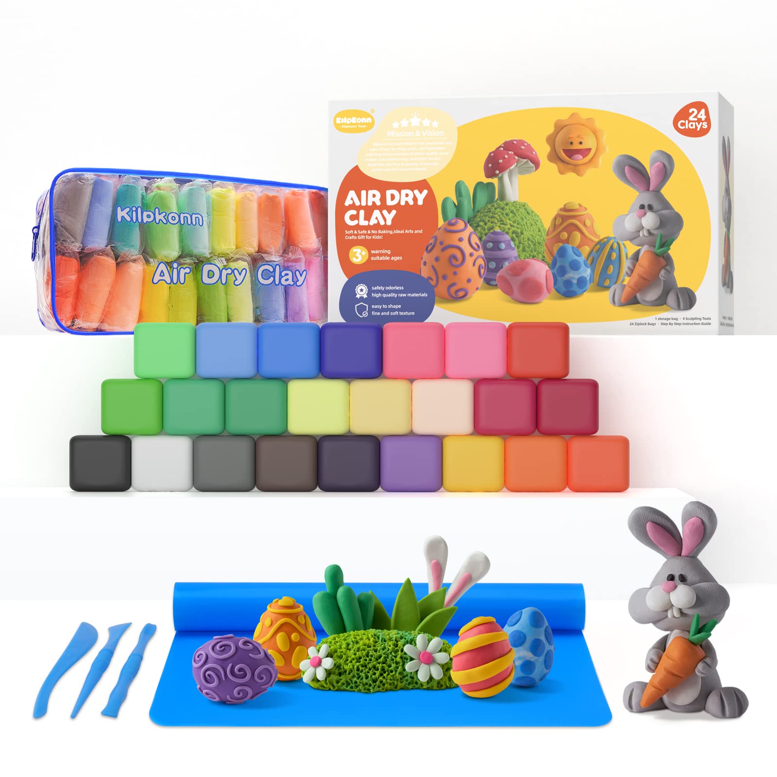 Kilpkonn Air Dry Clay 24 Colors Modeling Clay with Play Mat & 3 Sculpting  Tools Soft & Safe & No Baking Ideal Arts and Crafts Gift for Kids 24 Clays