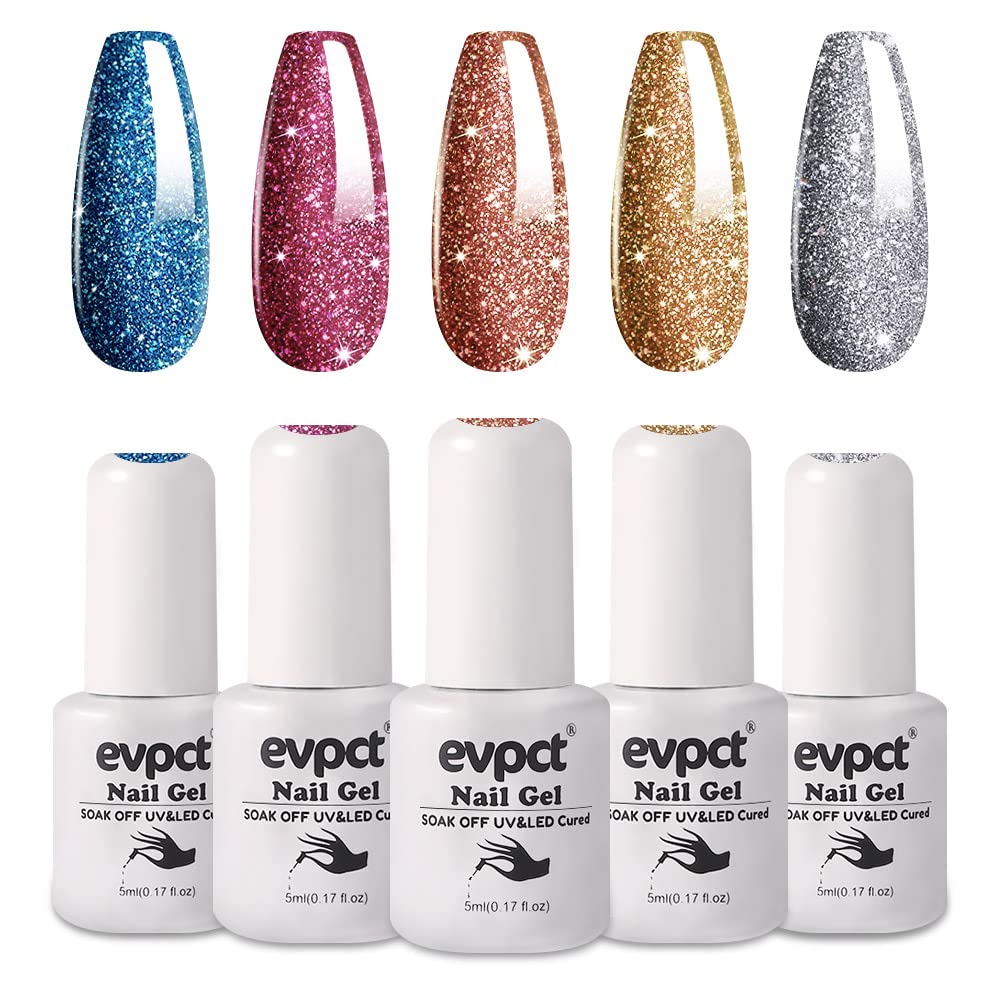 evpct Diamond Glitter Gel Nail Polish 5Pcs Set, Silver Rose Gold Blue Pink Reflective Glitter Shimmer Sparkle Sparkly Shiny Soak off UV LED Cured Gel Nail Gel Polish Kit Set Holidays Gift evpct Diamond Glitter Gel Nail Polish 5Pcs Set, Silver Rose Gold Blue Pink Reflective Glitter Shimmer Sparkle Sparkly Shiny Soak off UV LED Cured Gel Nail Gel Polish Kit Set Holidays Gift