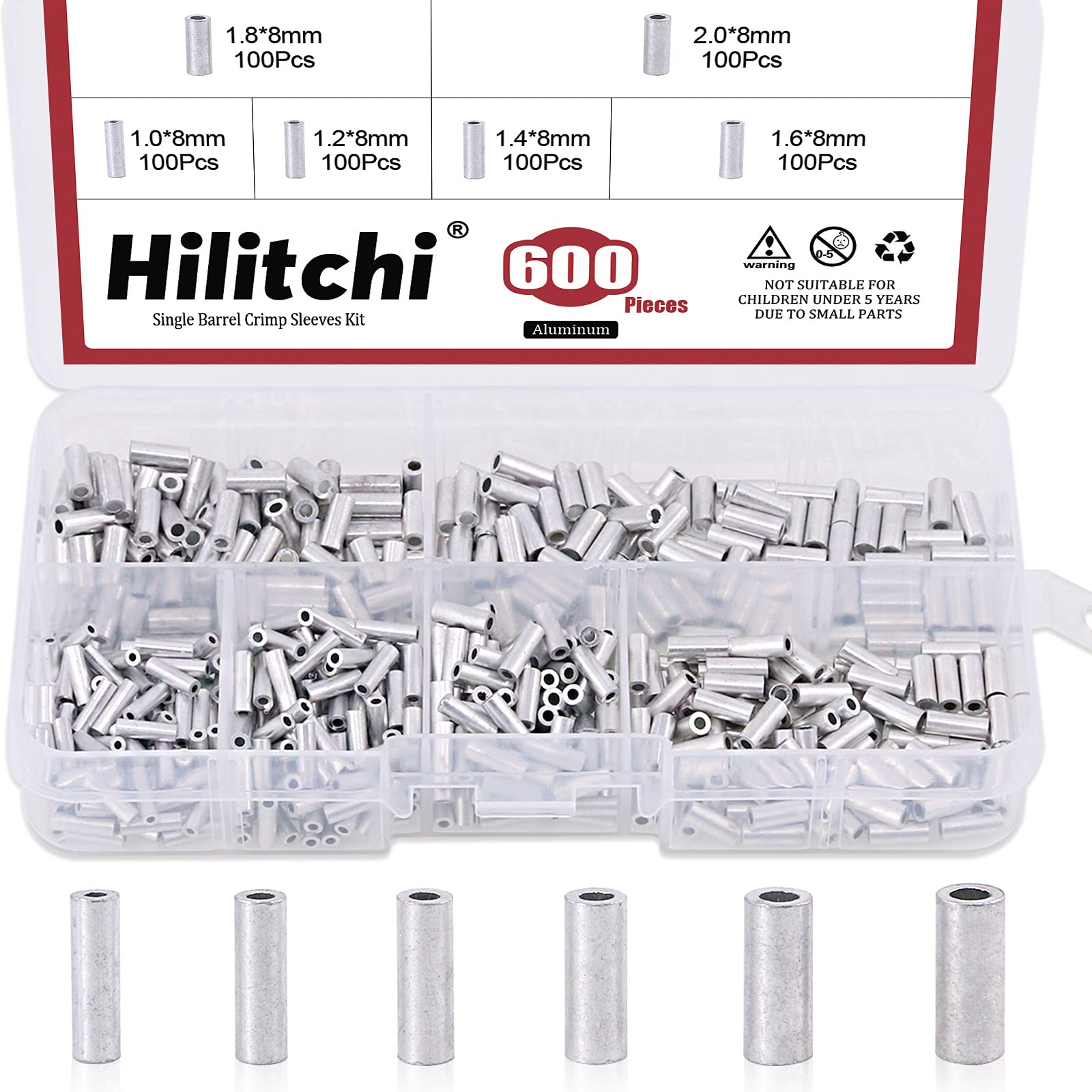 Hilitchi 600 Pcs 6 Sizes Single Barrel Crimp Sleeves Mini Aluminum Crimp  Sleeves Connector Kit for Fishing Line for 1.0, 1.2, 1.4, 1.6, 1.8, & 2mm Fishing  Wire Dia.