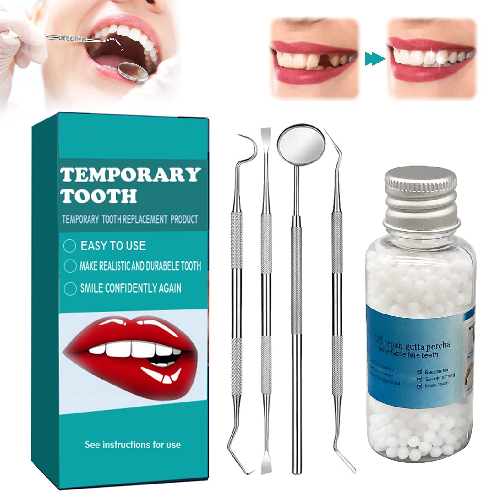 Teeth Repair Kit, Temporary Teeth replacement kit, Moldable False Teeth,  Thermal Fitting Beads for Snap On Instant and Confident Smile 