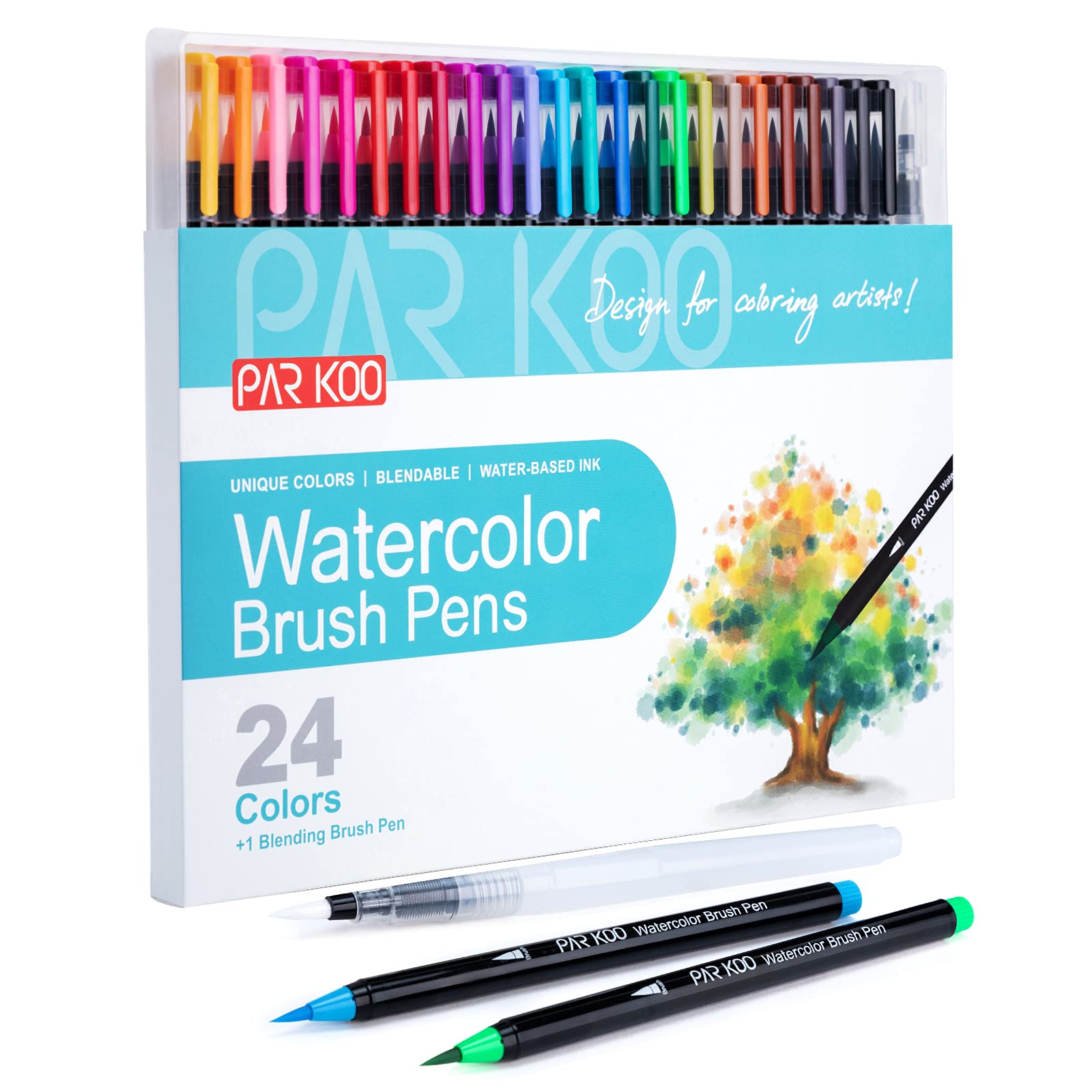 ParKoo Watercolor Brush Pens 24 Colors Flexible Real Nylon Brush