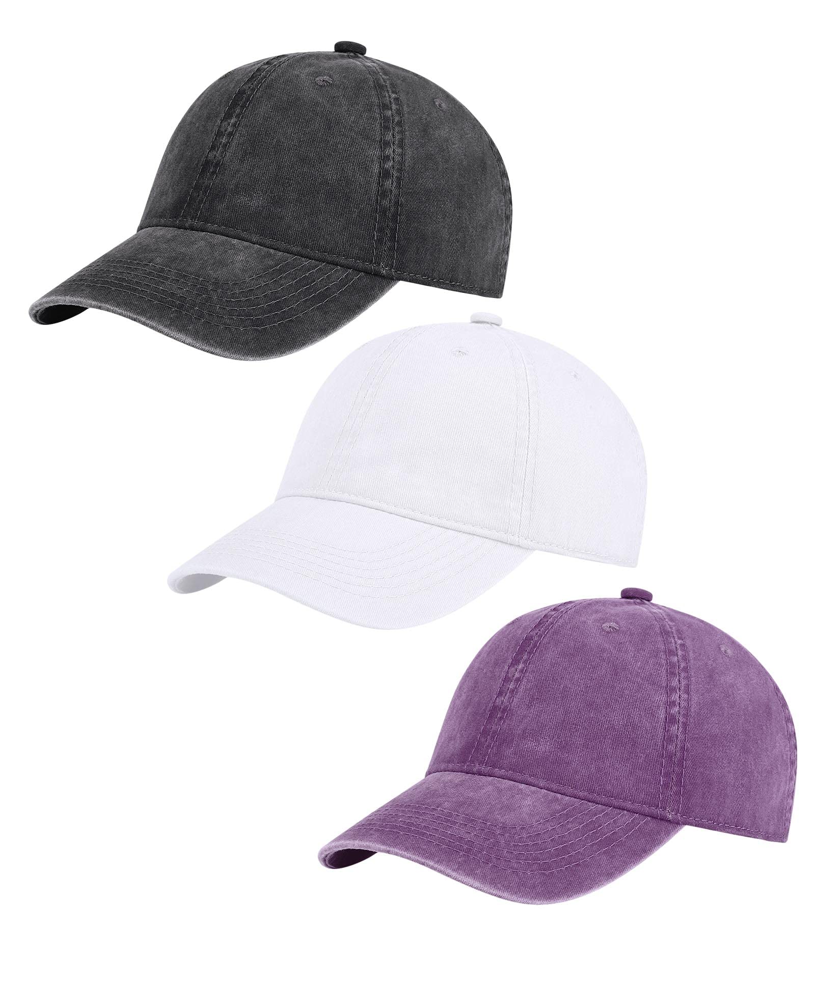 AOSMI 3 Pack Vintage Washed Cotton Adjustable Baseball Caps for Men Women  Unstructured Low Profile Plain Classic Dad Hat Black White Purple