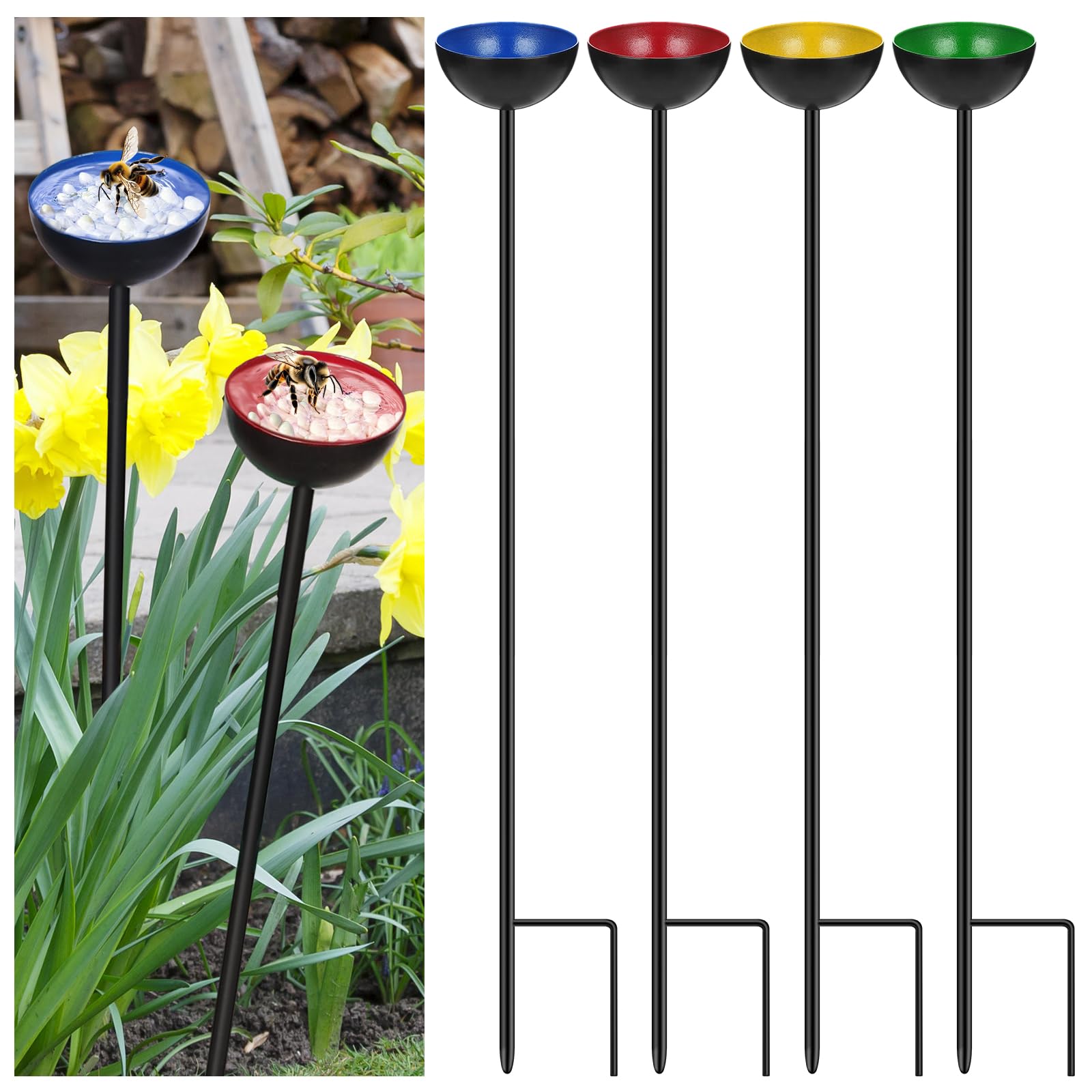 Tanglewen Bee Watering Station, Metal Bee Cups For Garden, Flower Shape Colorful Bee And Butterfly Bath Bowl, Outdoor Yard Pollinator Watering Stake
