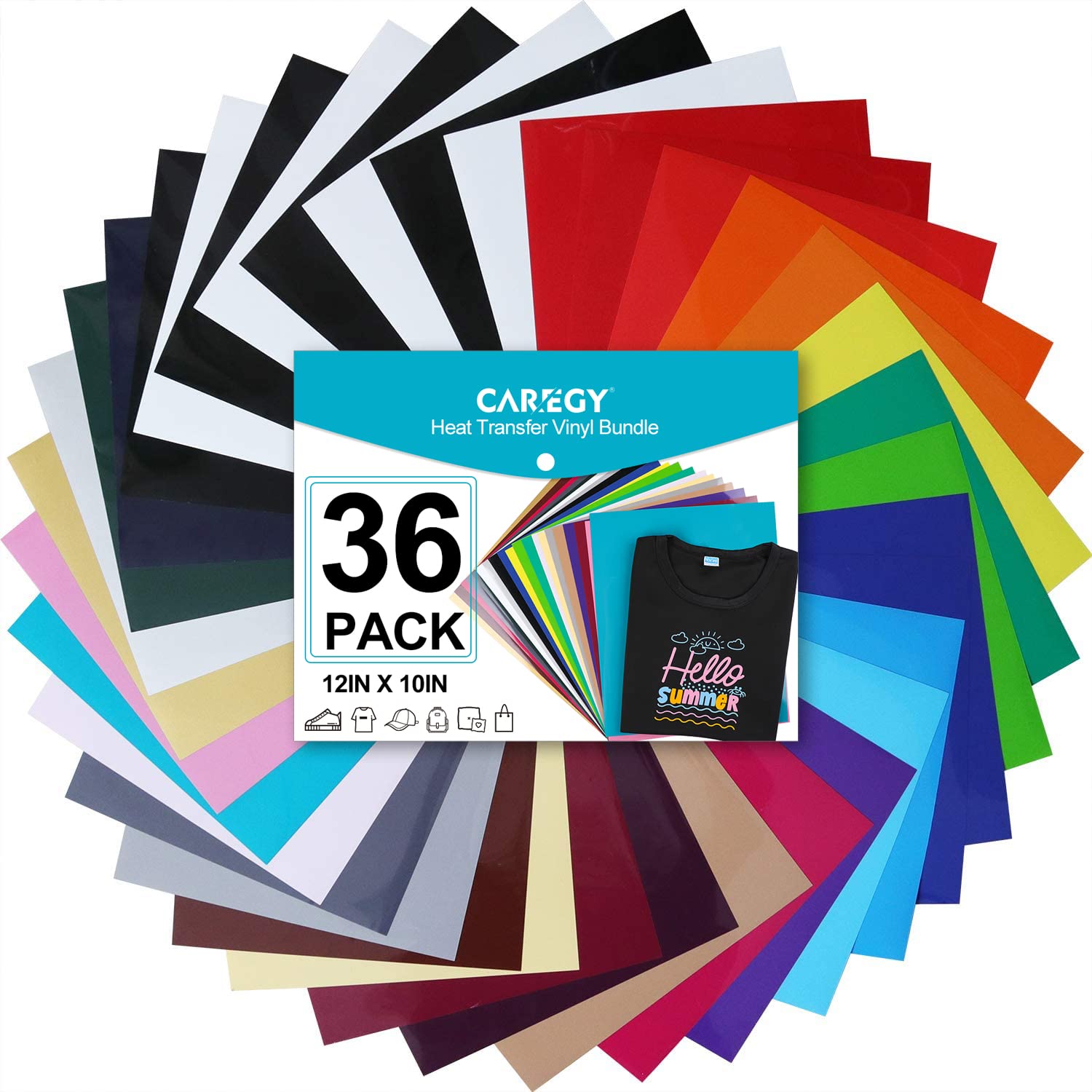 CAREGY Heat Transfer Vinyl for T-Shirts 12in.x10in. 36 Sheets-Iron On Vinyl HTV  Bundle 36Colors