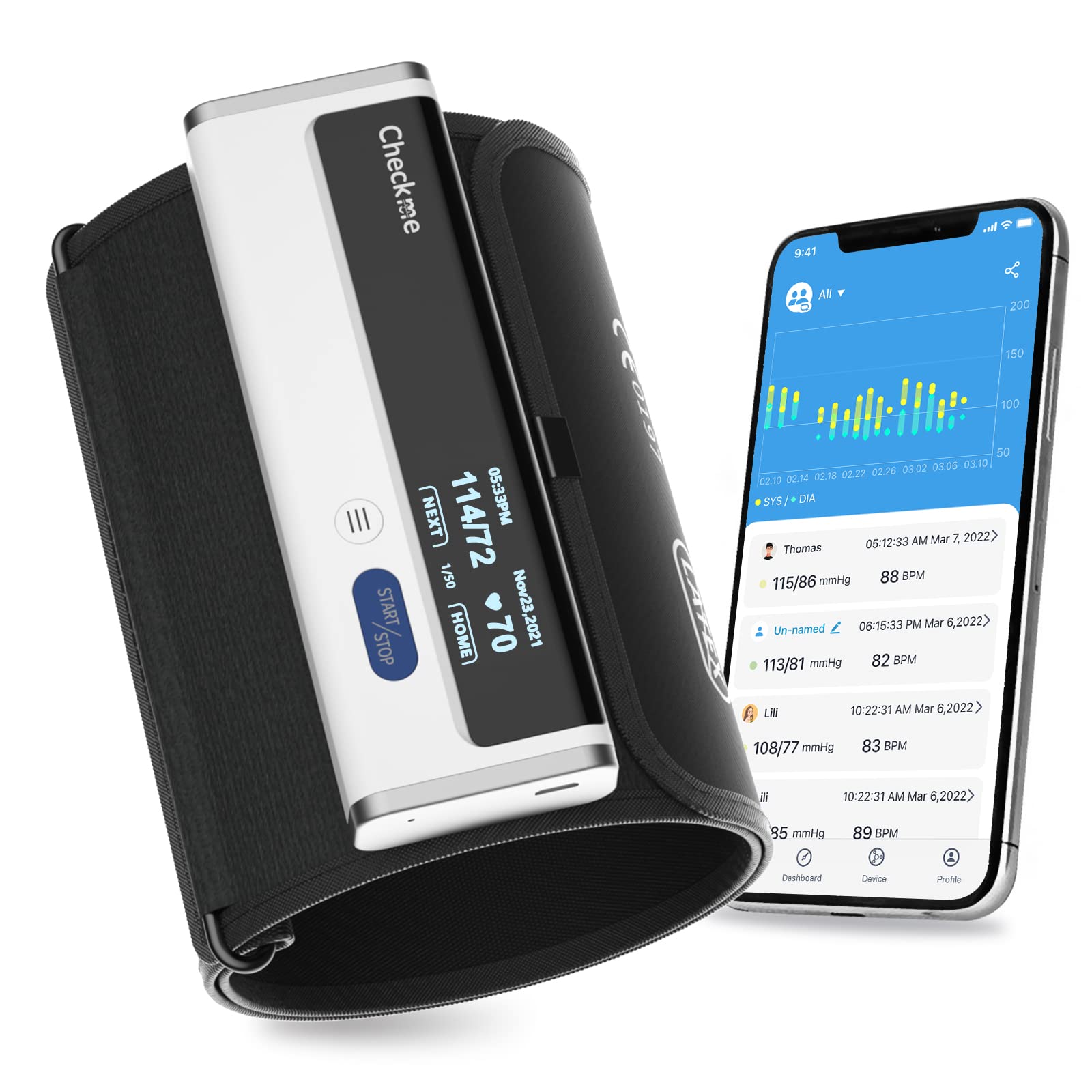  Checkme BP2 WiFi Blood Pressure Monitor for Home Use, Bluetooth  Automatic Arm Cuff, Smart Digital BP Machine, Wireless Portable USB  Rechargeable with X3 Accuracy Function, Free APP for iOS & Android 