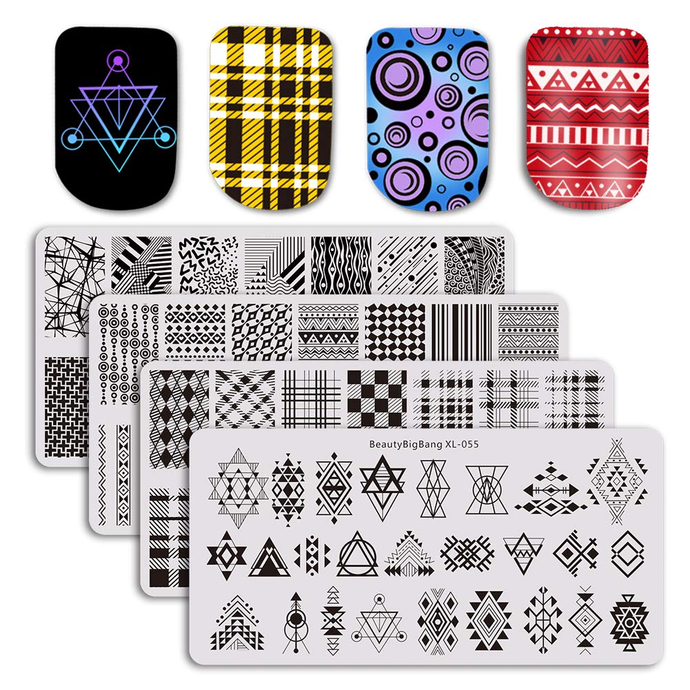 BEAUTYBIGBANG 4Pcs Nail Stamping Plate Geometric Theme - Plaids