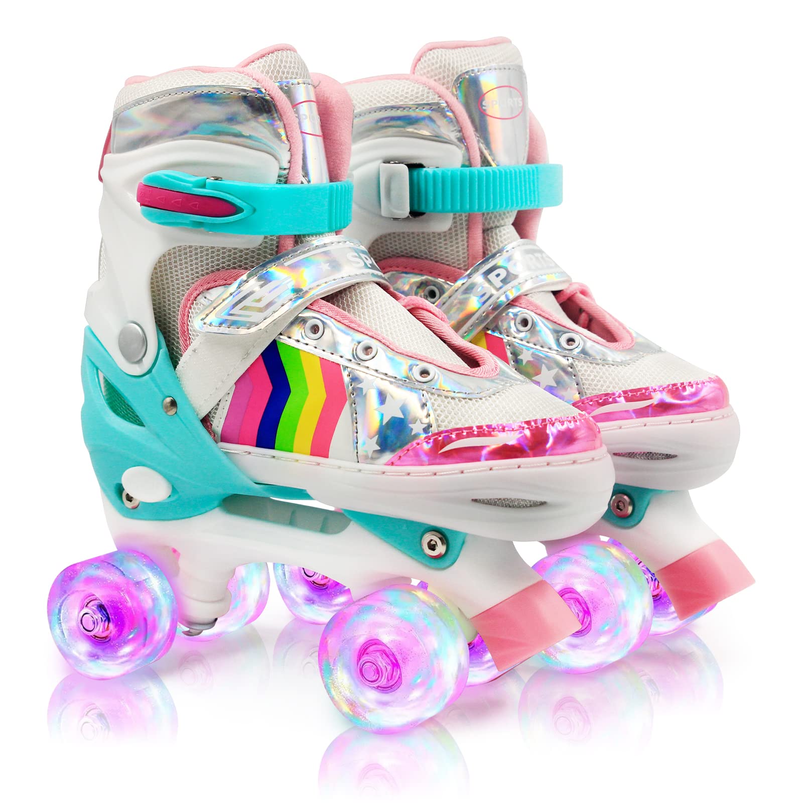 SULIFEEL Rainbow Unicorn 4 Size Adjustable Light up Roller Skates for Girls  Boys for Kids