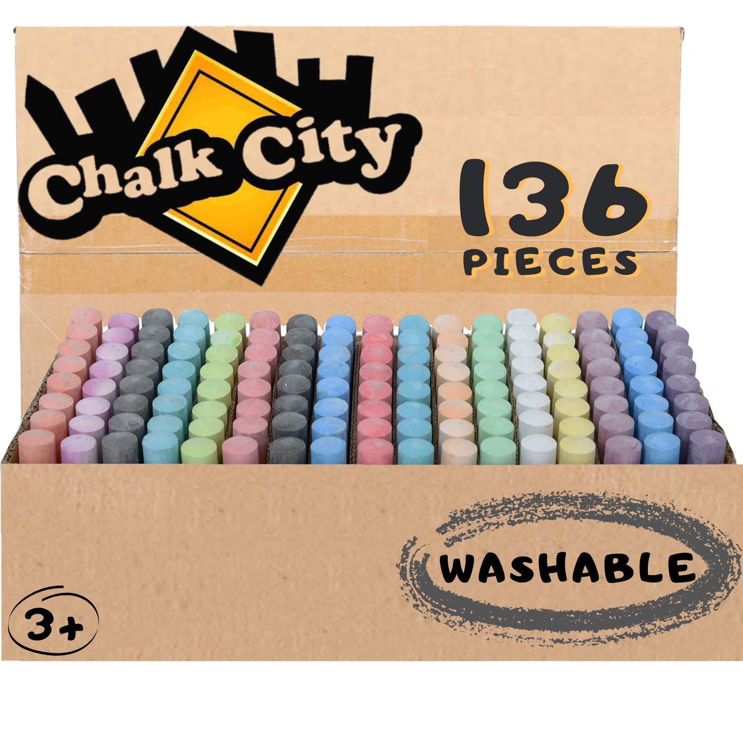 Chalk City Sidewalk Chalk, 136 Count, Jumbo Chalk, Non-Toxic, Washable, Art  Set