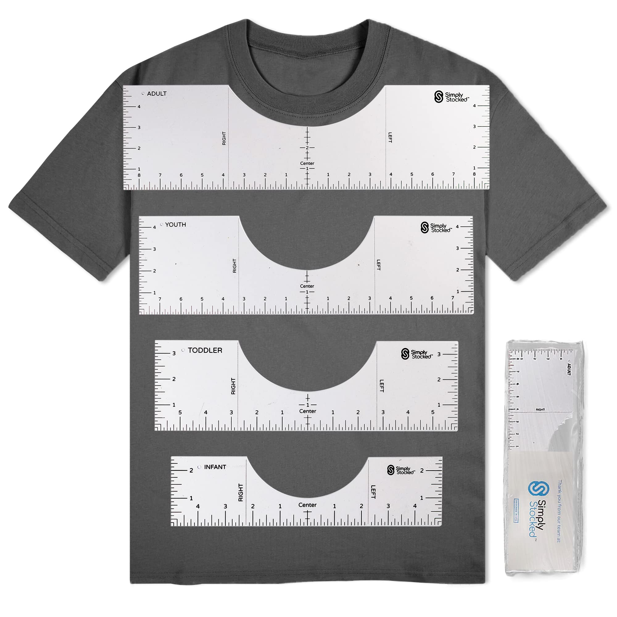 Simply Stocked Tshirt Ruler Guide for Vinyl Alignment - 4 Pcs of PVC T Shirt  Rulers to Center Designs for Heat Press - 17.5, 16, 12 and 10 Inch Guides  for T-Shirts of All Sizes (White)