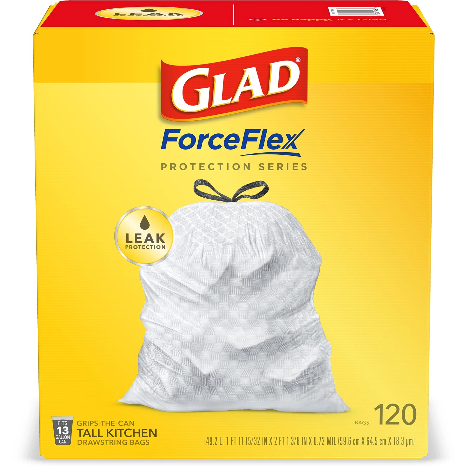 Glad ForceFlex Tall Kitchen Drawstring Trash Bags Unscented, 13 Gallon White