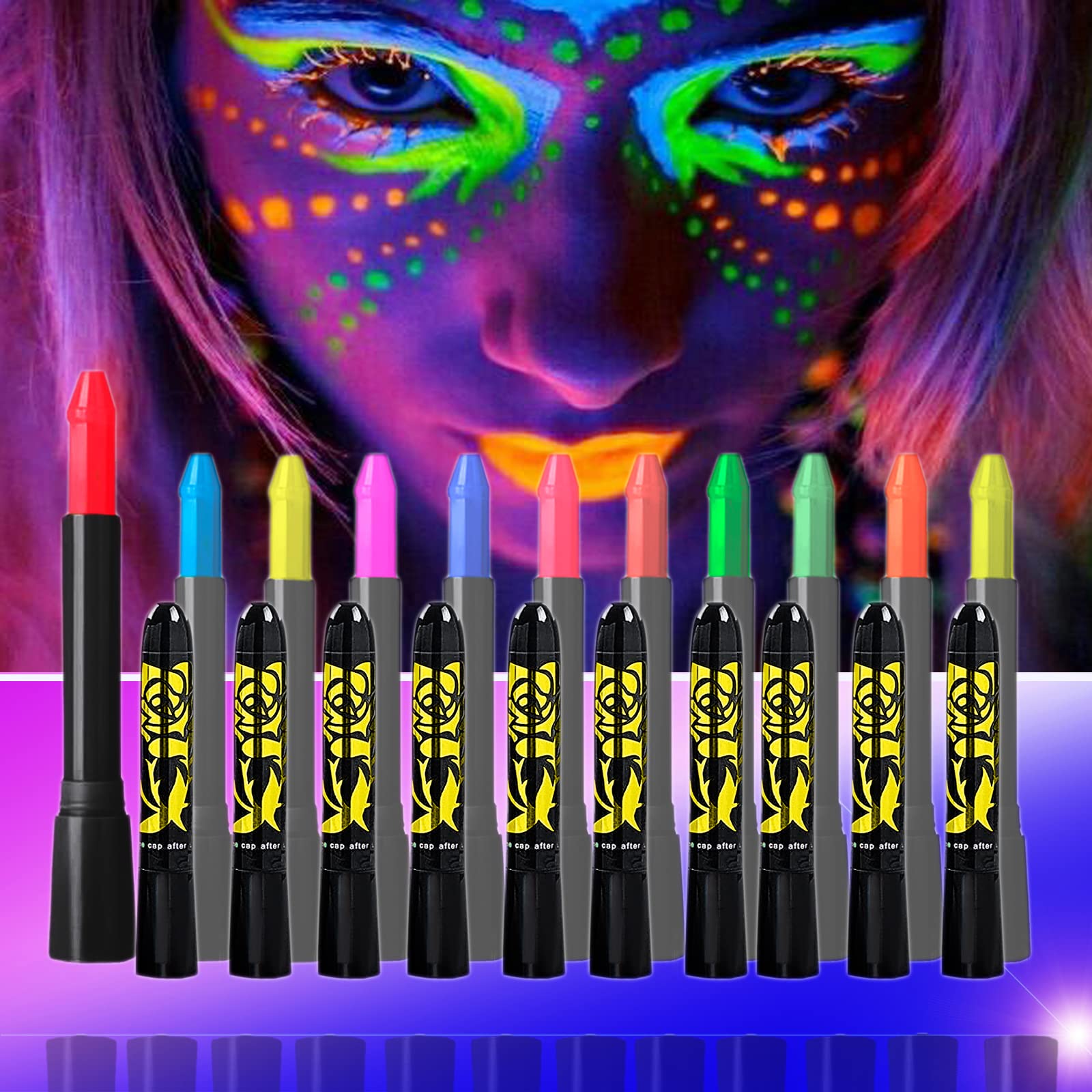 12 Colors Glow In The Dark Under Black Light Face & Body Paint, UV Black  Light
