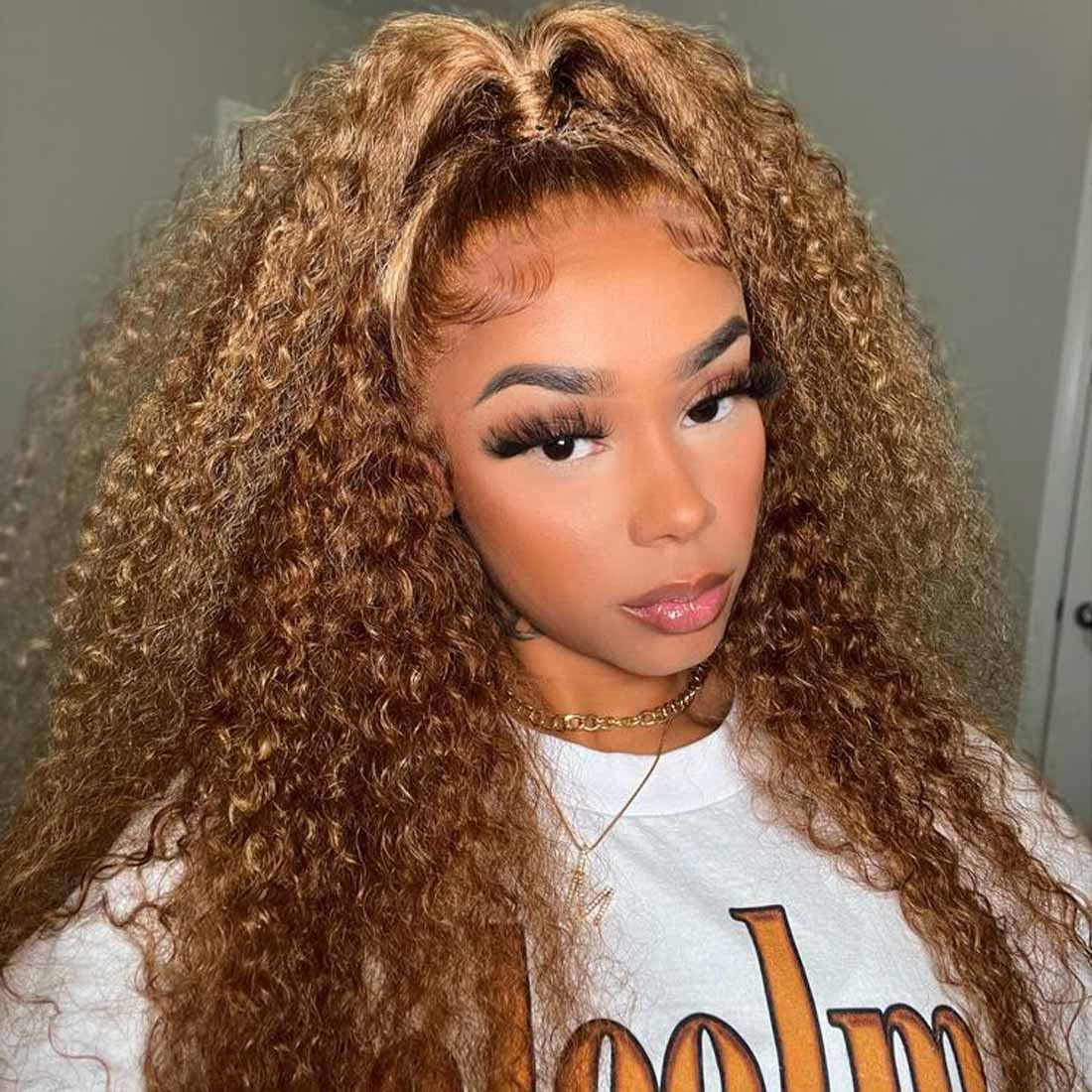 Beauty Forever #TL412 Curly Highlight Lace Front Wig Human Hair,10A  Brazilian Remy Hair Honey Blonde