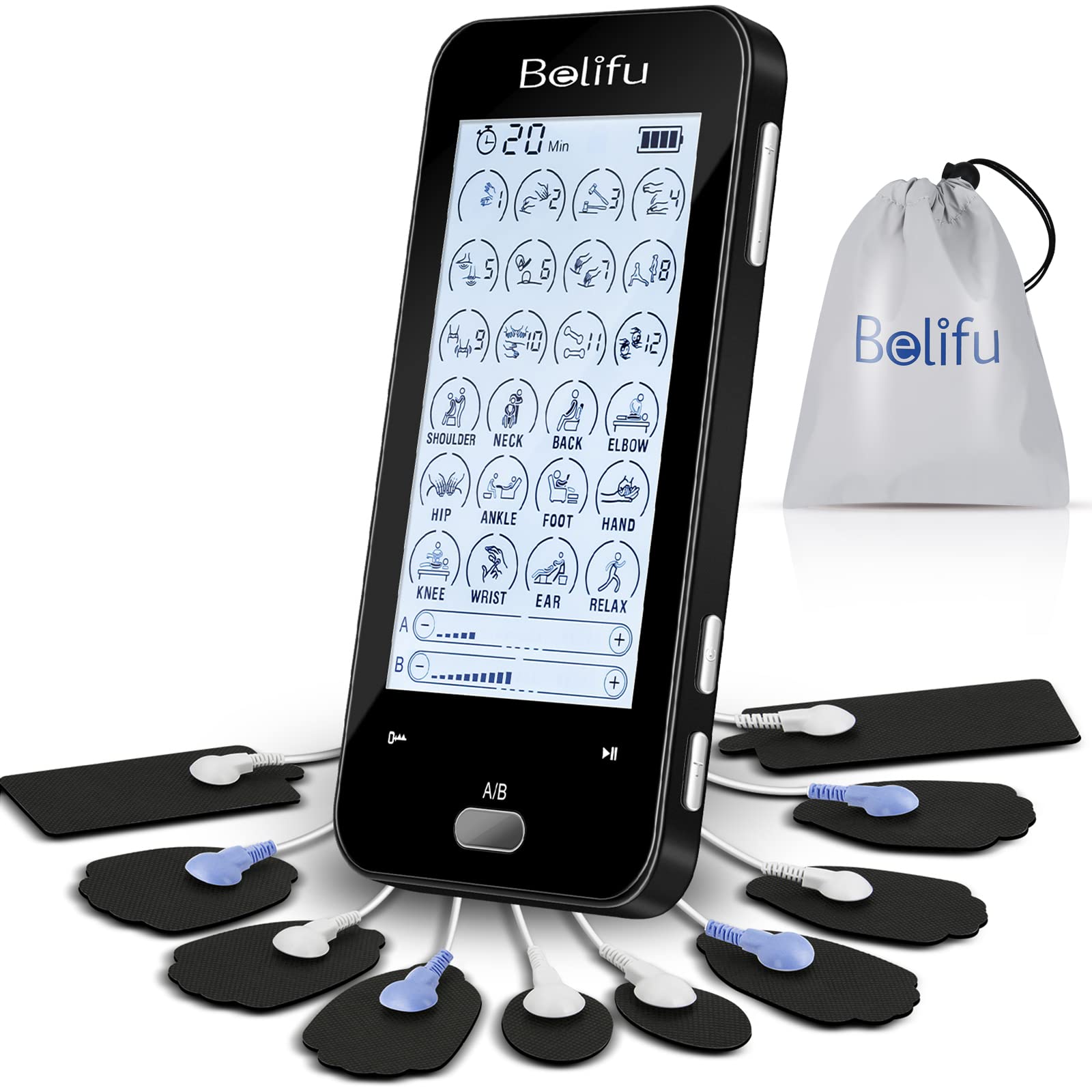 Belifu Dual Channel TENS EMS Unit with 12 Pads, 24 Modes Muscle Stimulator,  Electronic Pulse Massager Muscle Massager for Pain Relief Therapy