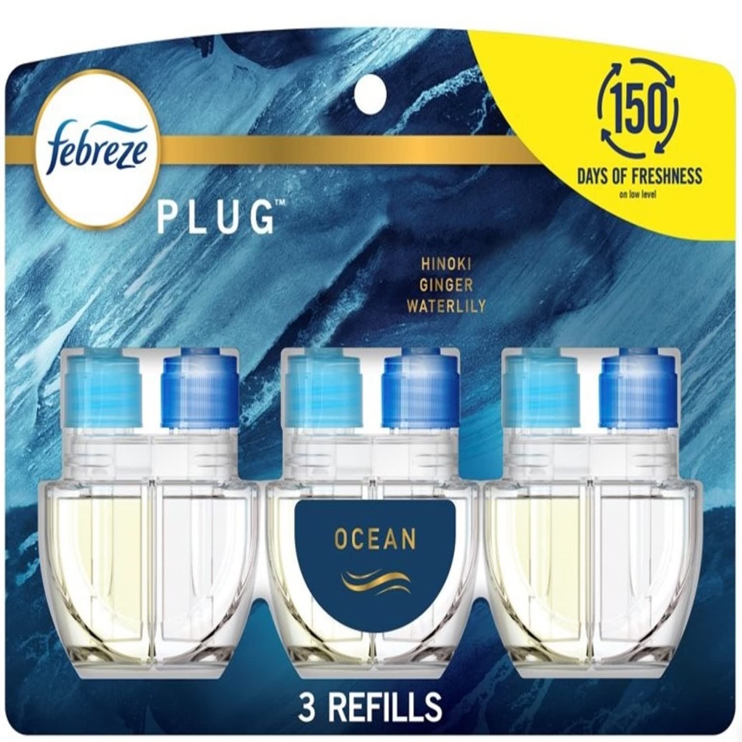 Febreze Plug in Air Fresheners, Ocean, Odor Fighter for Strong Odors,  Scented Oil Refill (3 Count) Ocean Plug, 3 Refills