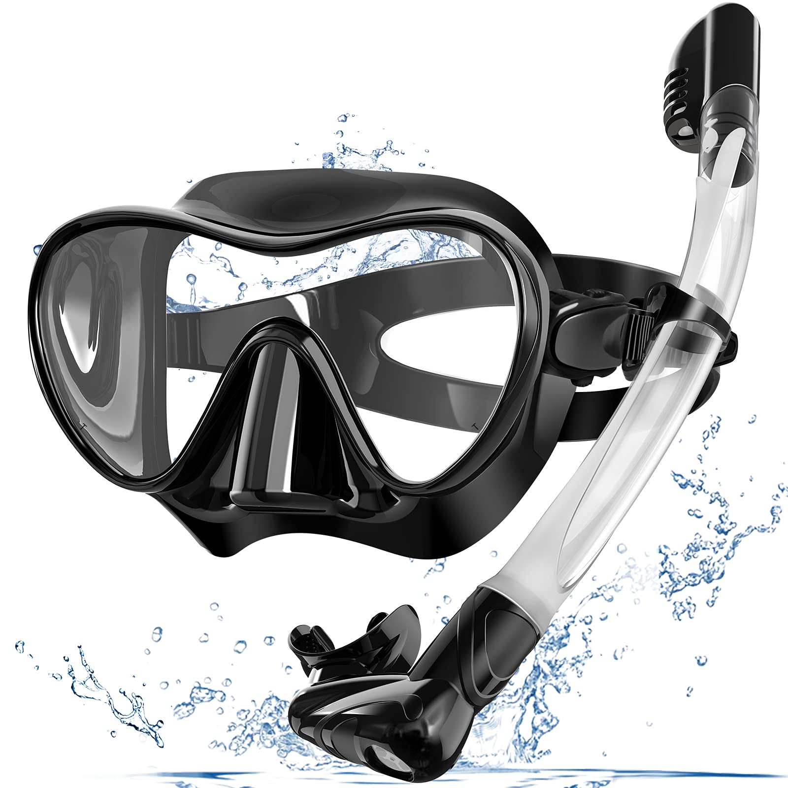 Bairuifu Snorkel Mask, 100% Food-Grade Silicone Full Dry Top Snorkel Set Anti-Fog Tempered Glass Scuba Professional Snorkeling Gear for Adults black