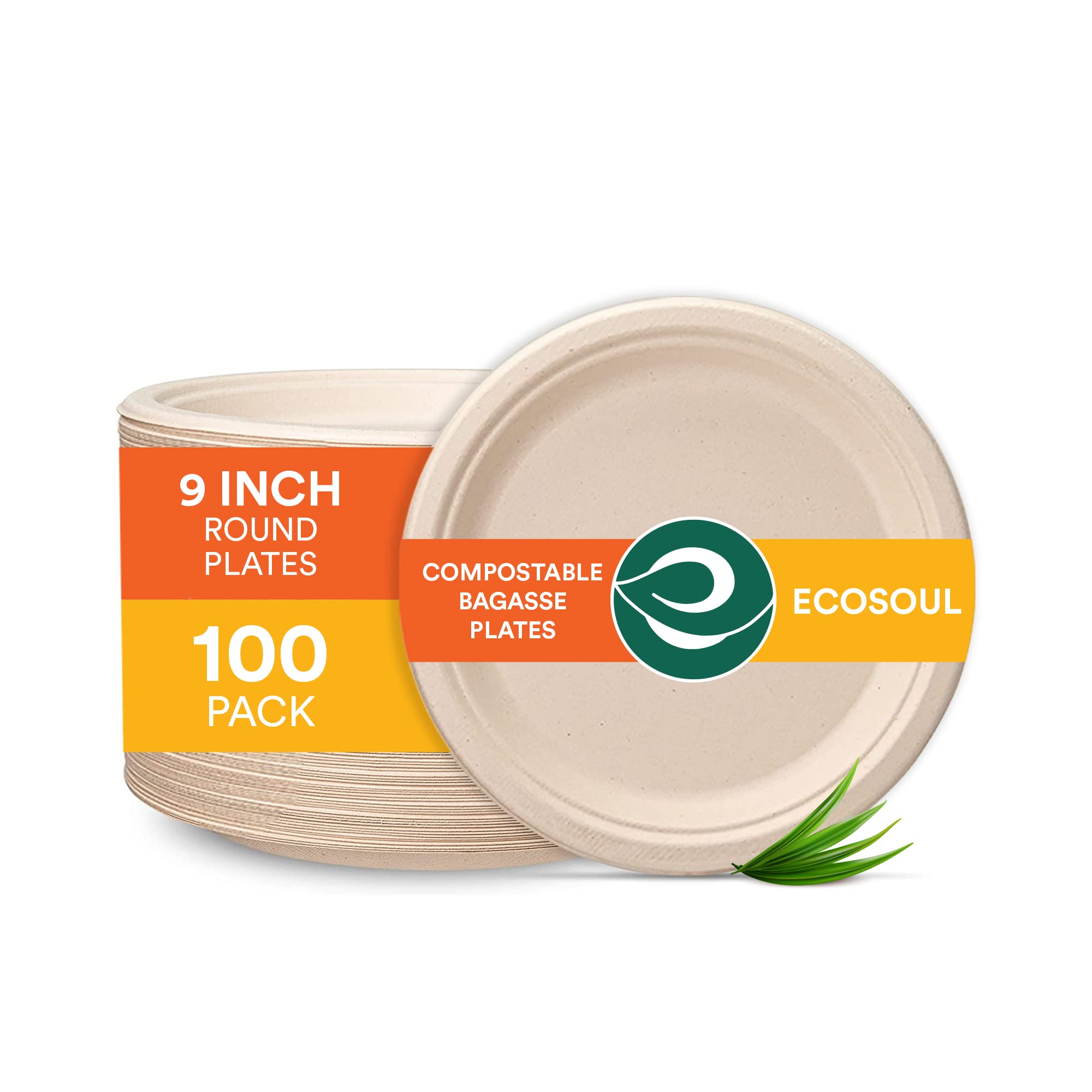 ECO SOUL 100% Compostable 9 Inch Paper Plates 100-Pack Disposable Party  Plates I Heavy Duty Eco-Friendly Dinner Plates Disposable I Biodegradable  Unbleached Sugarcane Eco Plates 100 9 Round Plates