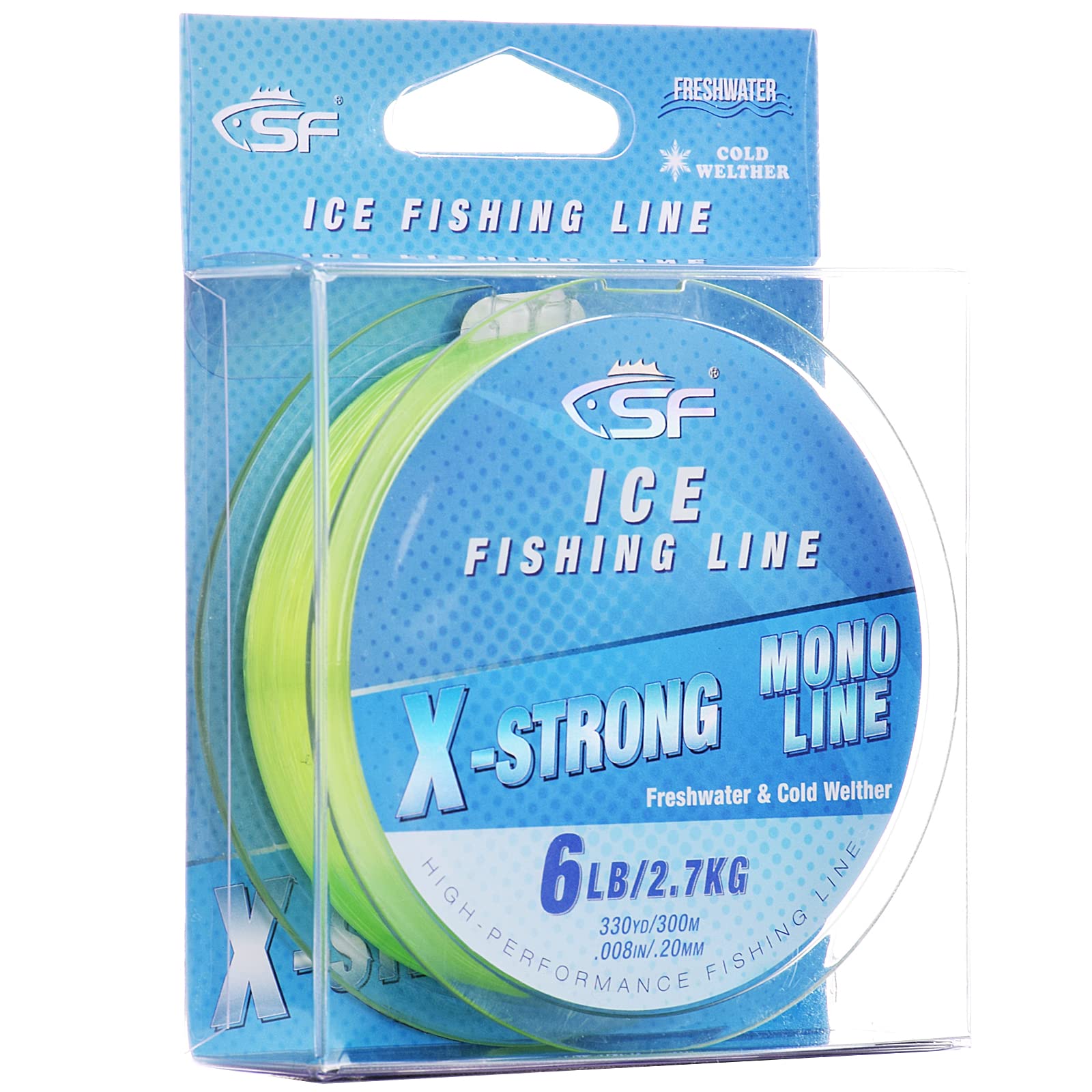 SF X-Strong Monofilament Ice Fishing Line with Spool Mono Line 3/4/6/8LB  330YD/300M Clear/Fluor Green Fishing Wire Freshwater Fluor Green 3LB/1.3KG