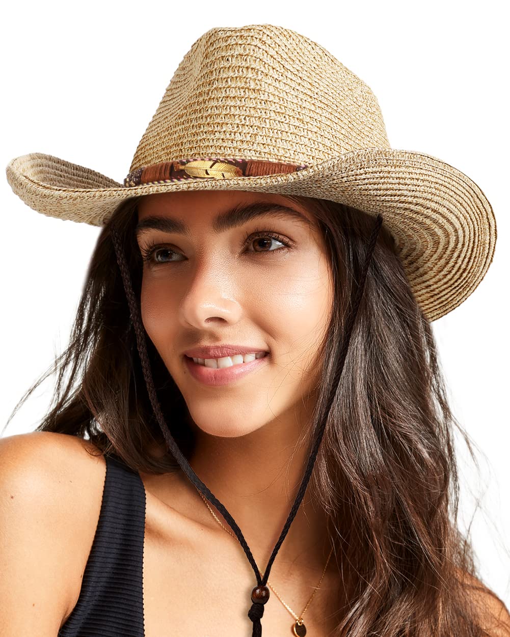 Women Straw Sun Hat Mens Cowboy Style Garden Hat UPF 50+ Wide Brim Summer  Hat with Wind Lanyard Beige/Brown One Size