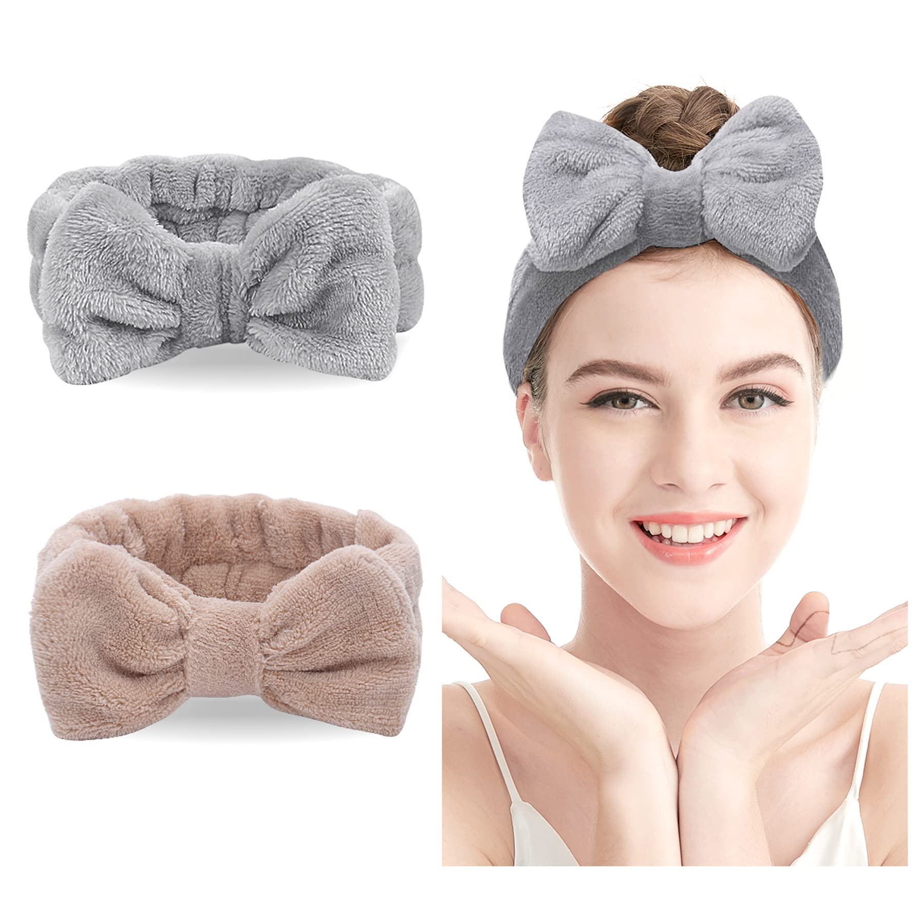 Spa Headband - 2 Pack Bow Hair Band Women Facial Makeup Head Band Soft  Coral Fleece Head